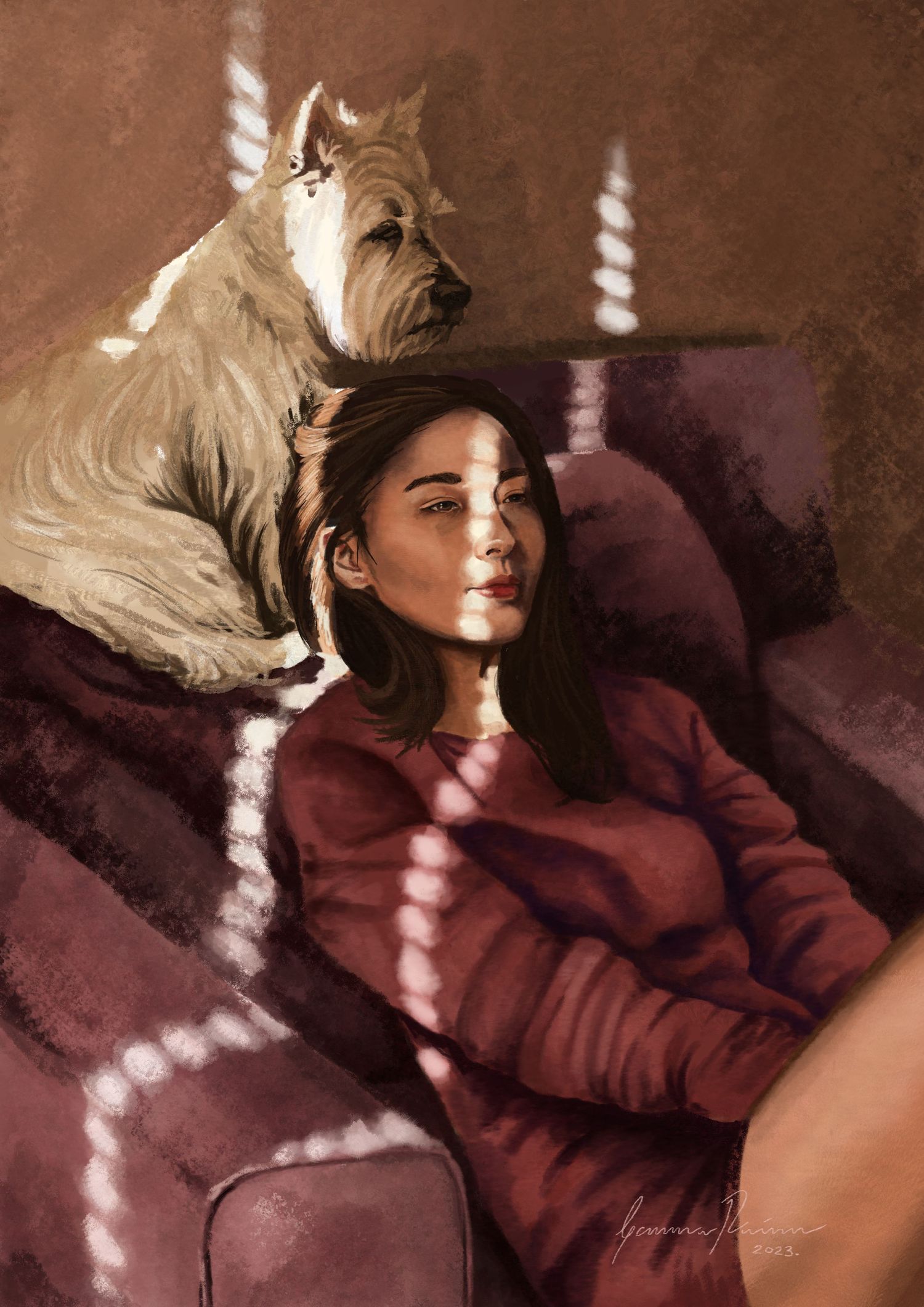 Artistic portrait of a Scottish Terrier lounging on burgundy furniture in warm lighting.