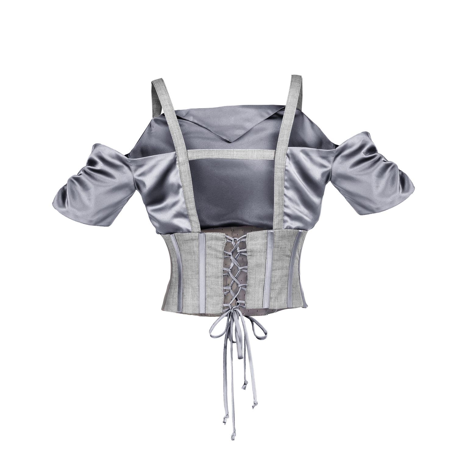 Backless cropped corset top in silver gray fabric shown in different angles with lace-up detailing.