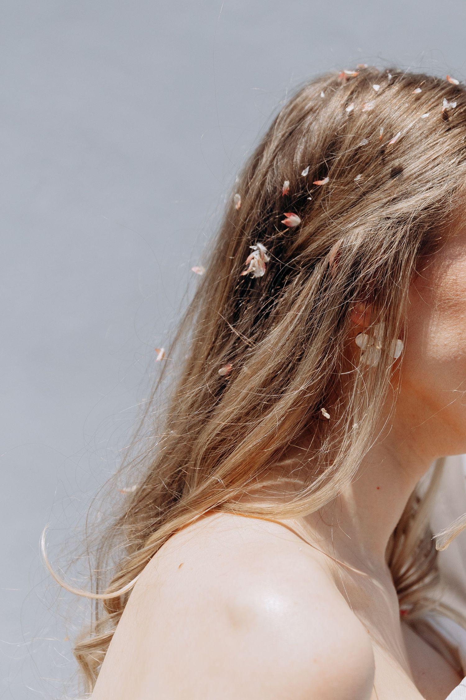 Close-up view of blonde hair adorned with delicate butterfly hair accessories against a light gray background.