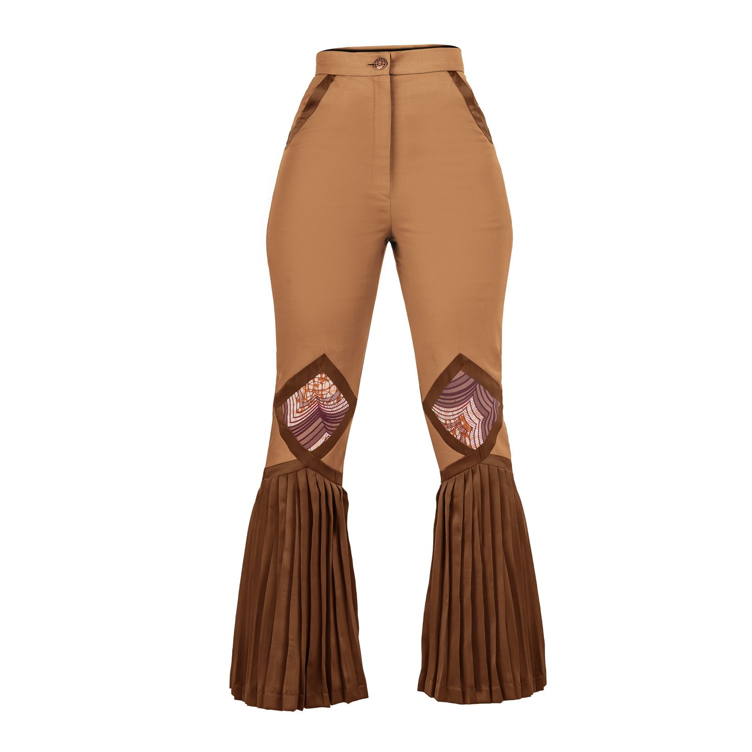 Brown western-style pants with fringe detailing and flared bell bottoms shown from different angles.
