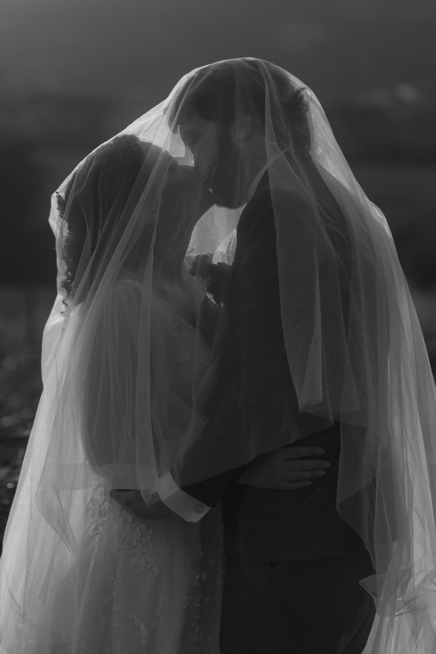 A romantic black and white wedding photo series showing silhouettes of a couple embracing under flowing white veils.