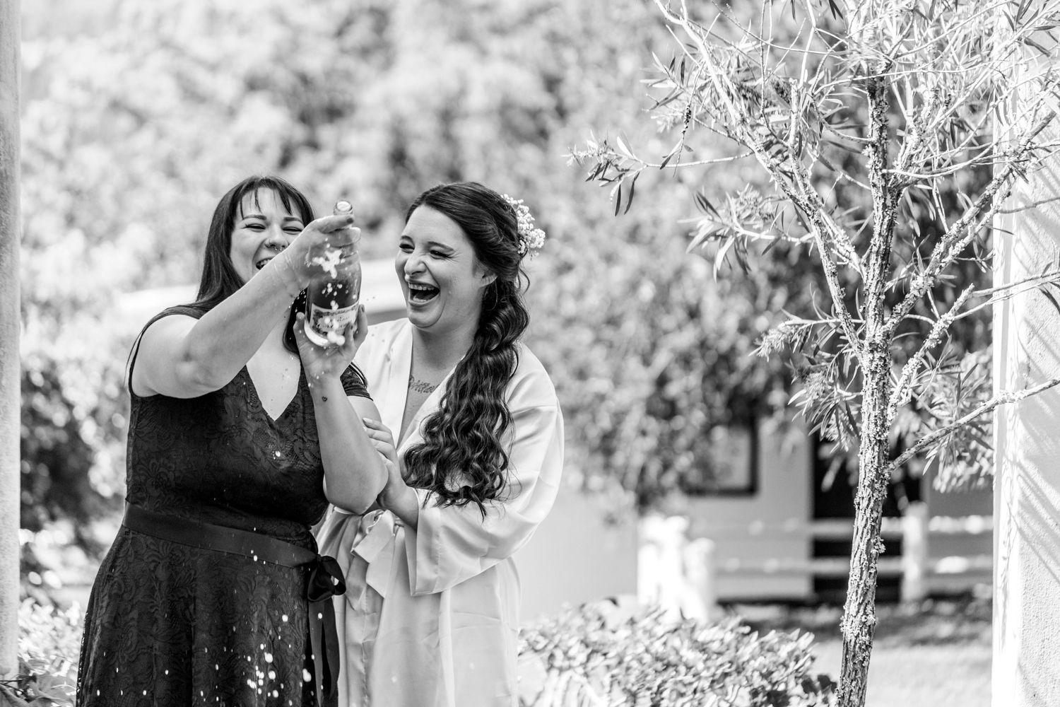Joyful wedding guests celebrate and dance together at an outdoor reception gathering beneath trees.