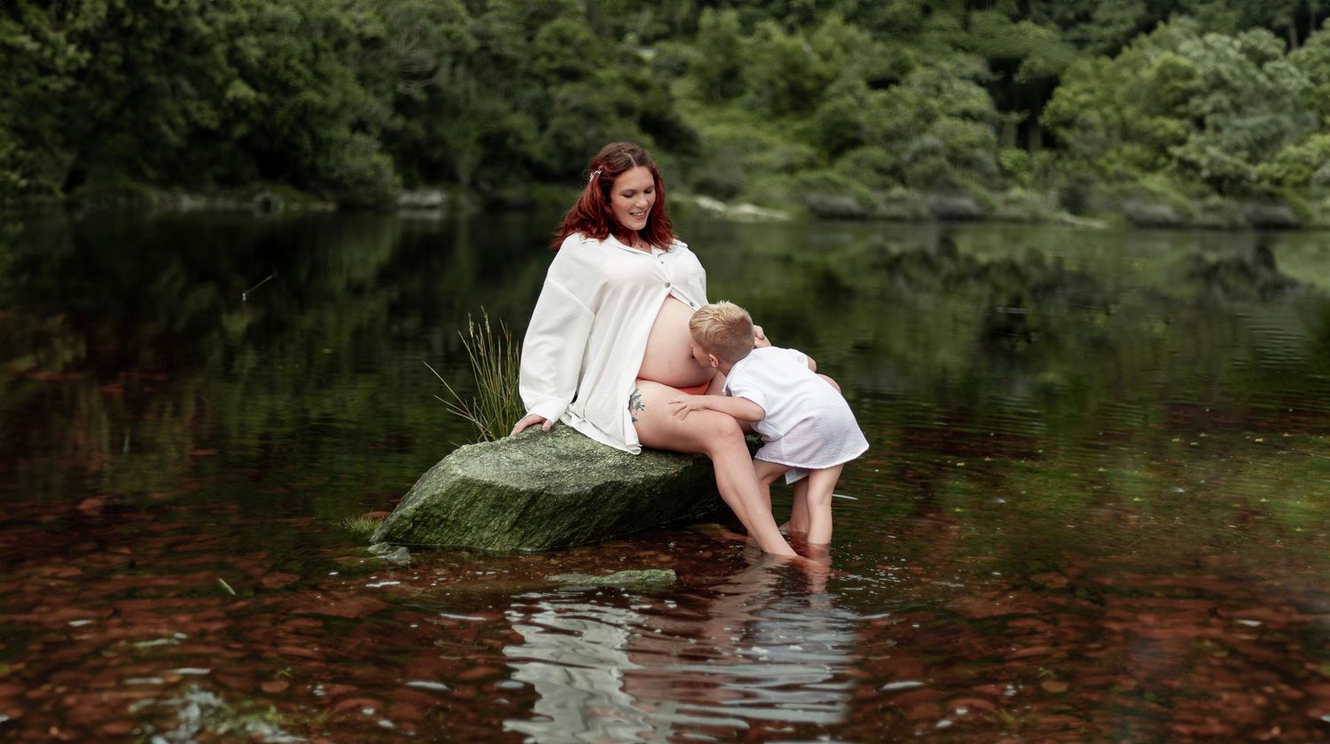 A group of candid lifestyle photographs showing people walking through water and enjoying nature by a pond or creek.