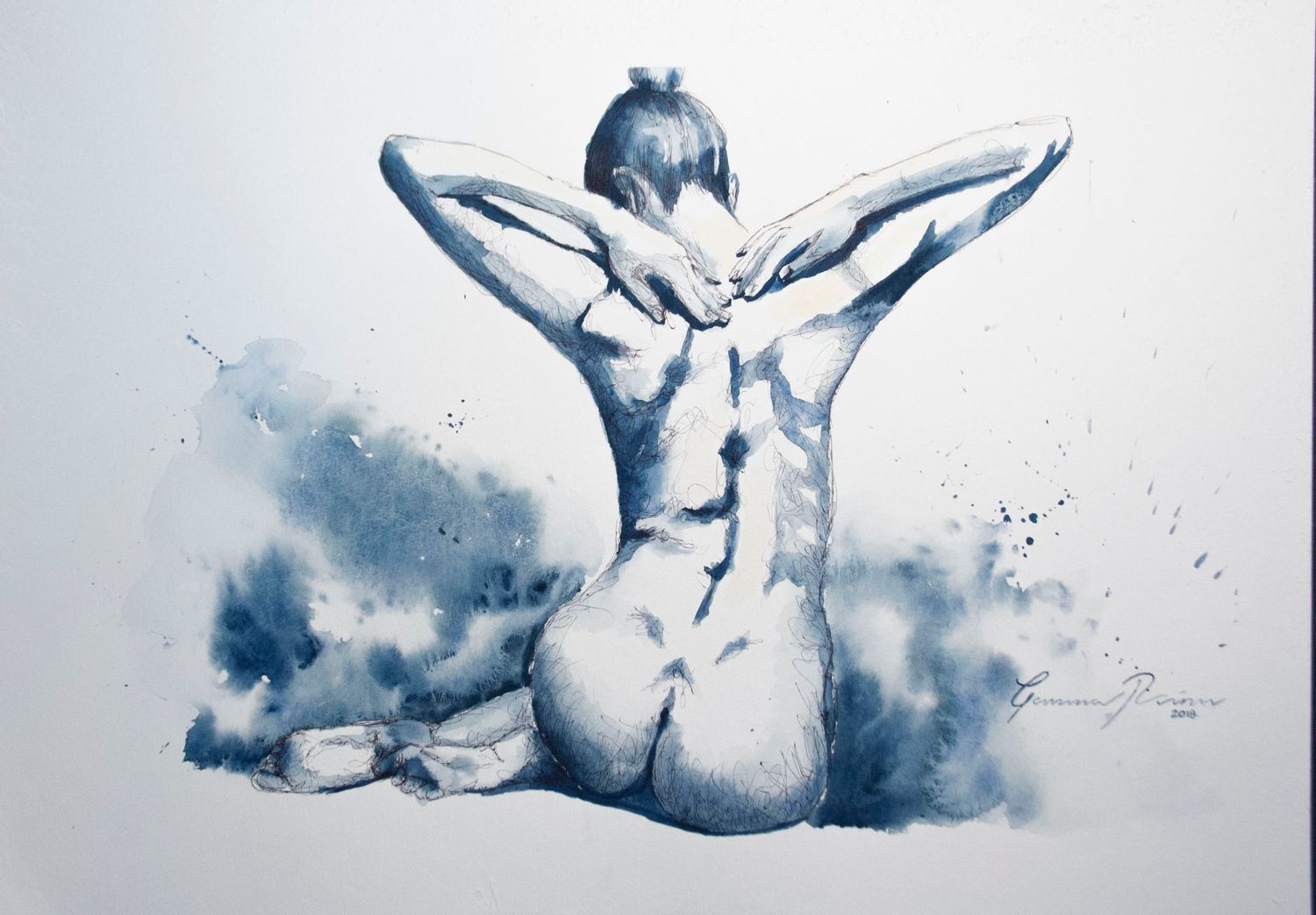 Abstract blue watercolor nude studies showing dynamic movement and artistic expression.