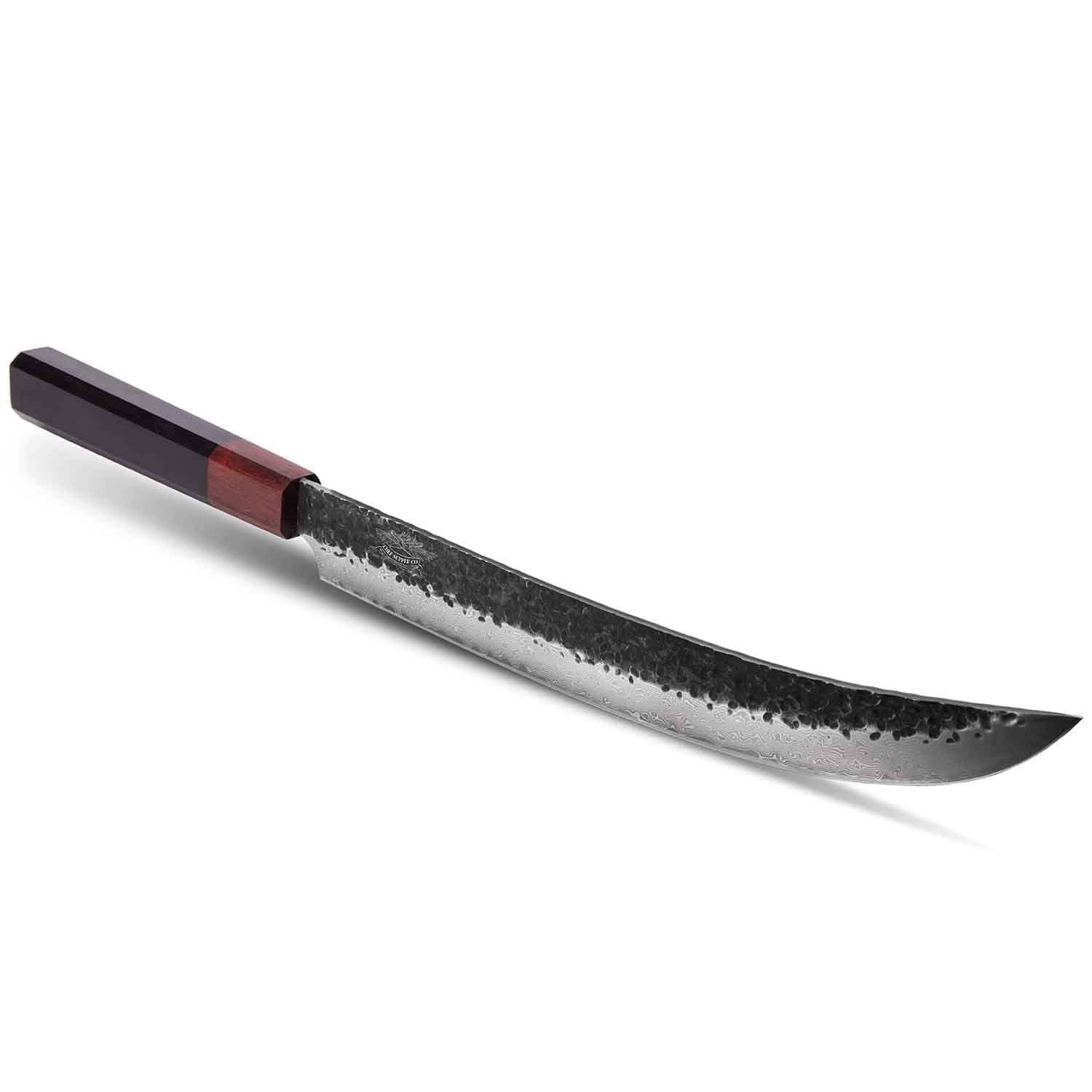 Large hammered steel machete or chopping knife with dark wooden handle and textured blade surface against white background.