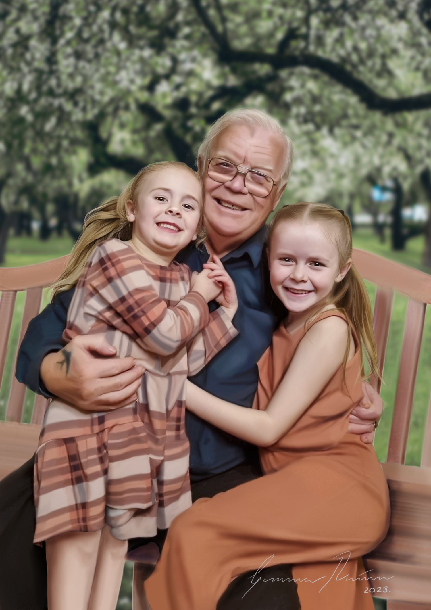Candid family photos on a wooden bench showing joyful moments and warm embraces in an outdoor setting.