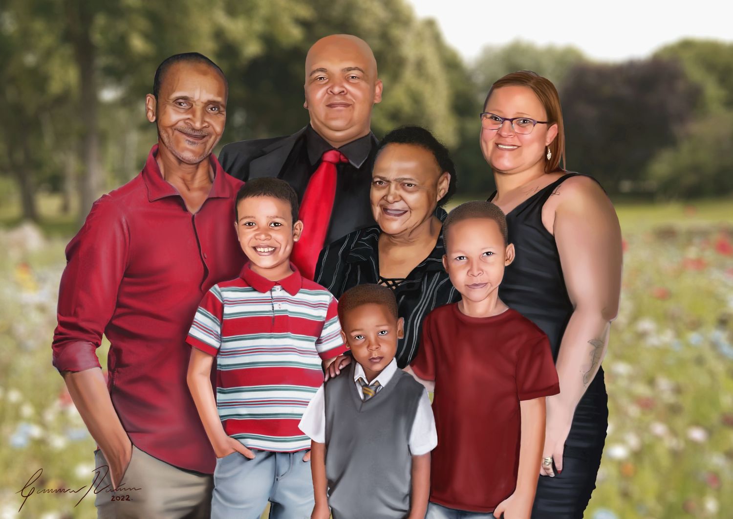 Family portrait session outdoors wearing coordinated burgundy and neutral colored outfits.