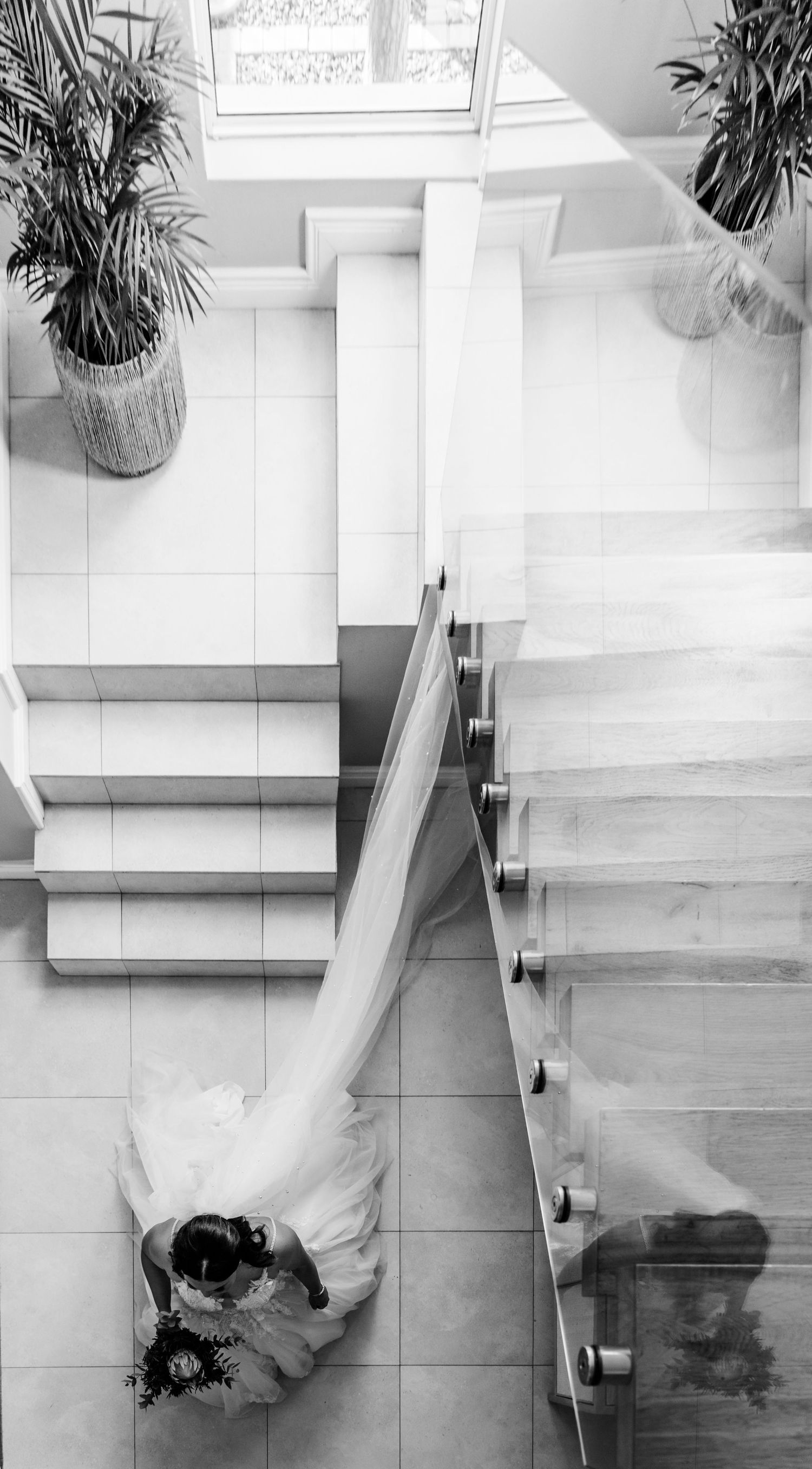 Overhead view of a modern white staircase with potted palm plants and flowing fabric creating elegant lines on white tile floor.