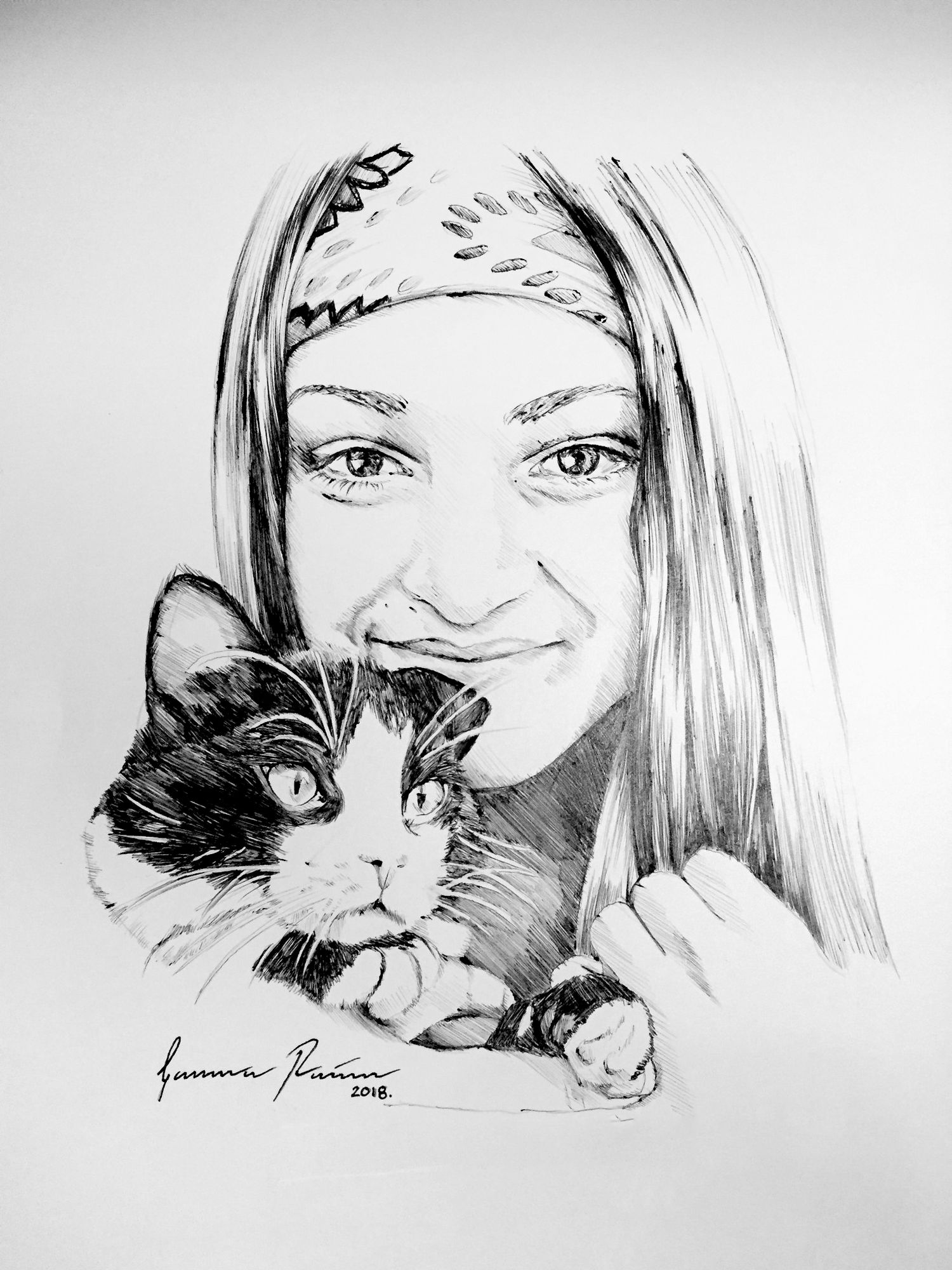 Black and white sketch of a person with their black and white cat companion.