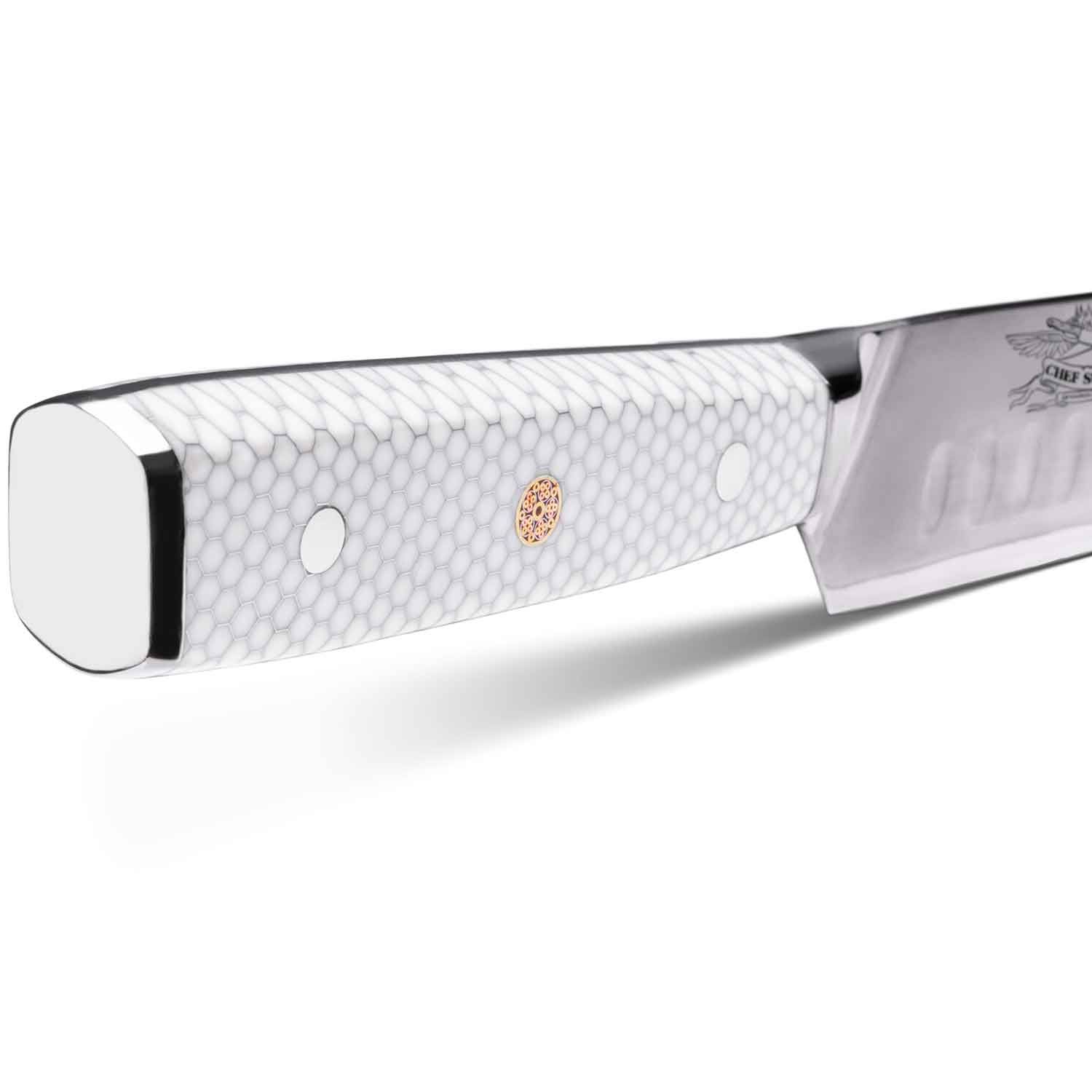 Professional chef's knife shown in multiple angles displaying craftsmanship and detailing of its carbon steel blade.