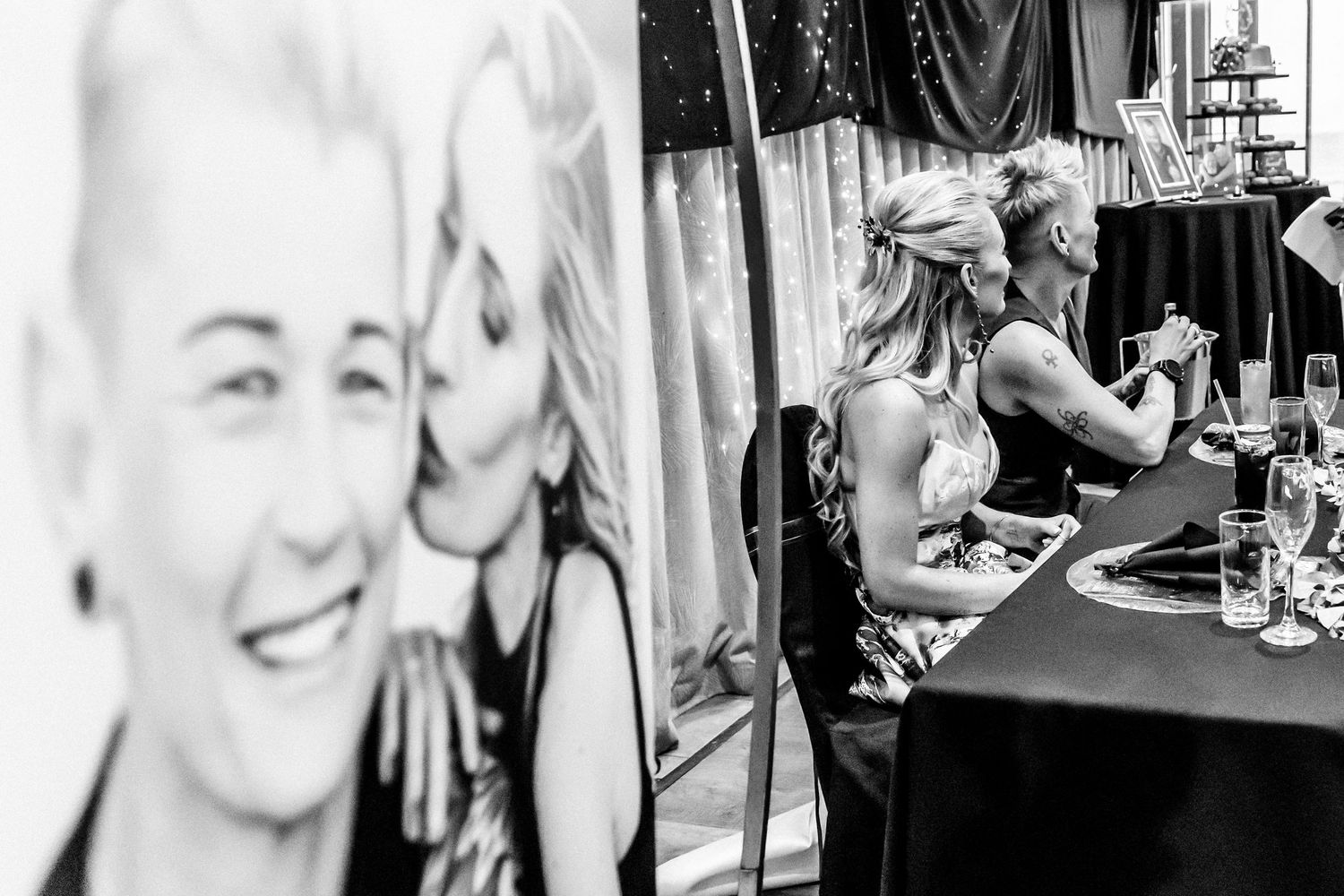 A black and white photo collage shows candid wedding moments with people laughing and dancing at a celebration.