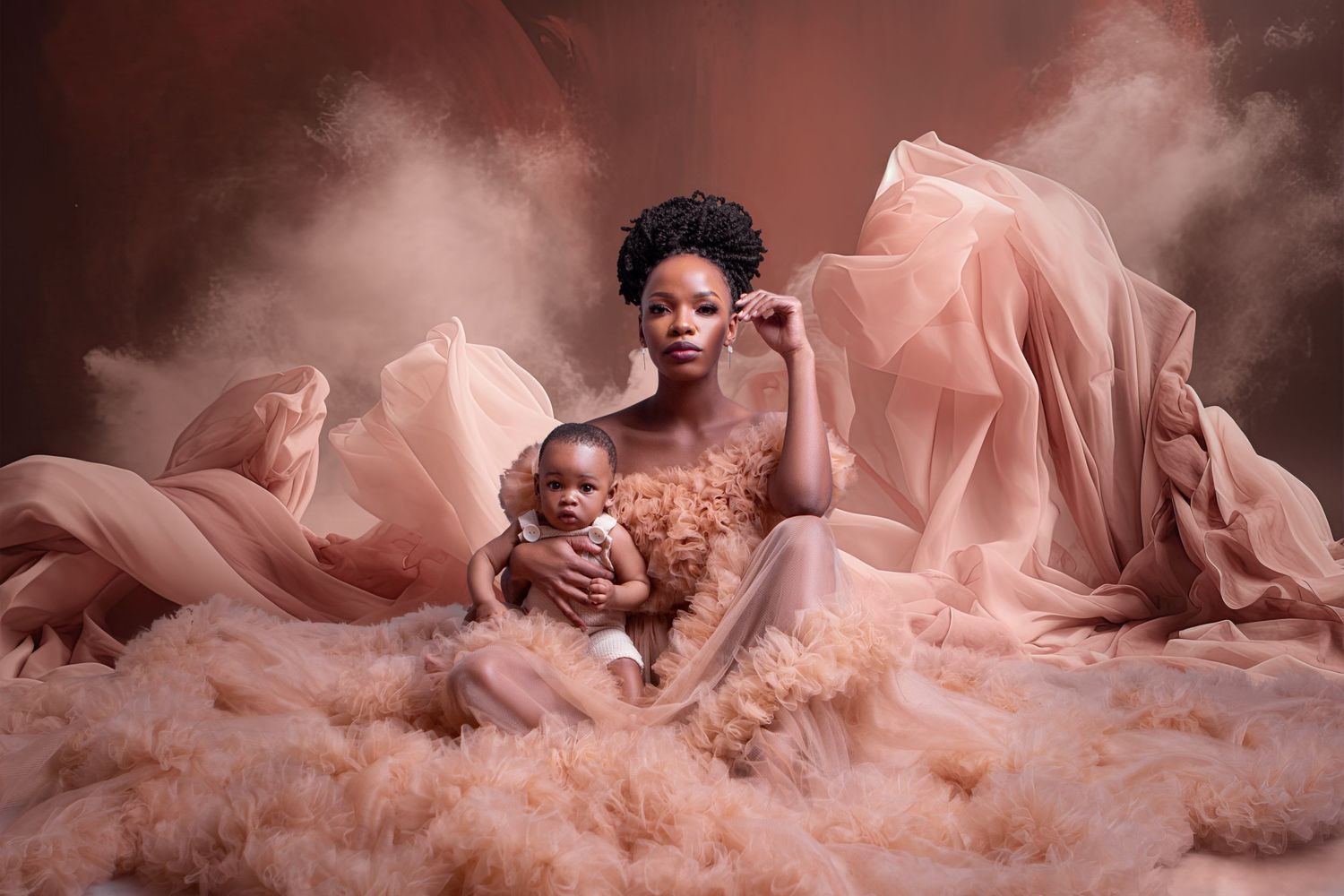 A dreamy figure emerges through billowing clouds of soft pink smoke creating an ethereal artistic portrait.