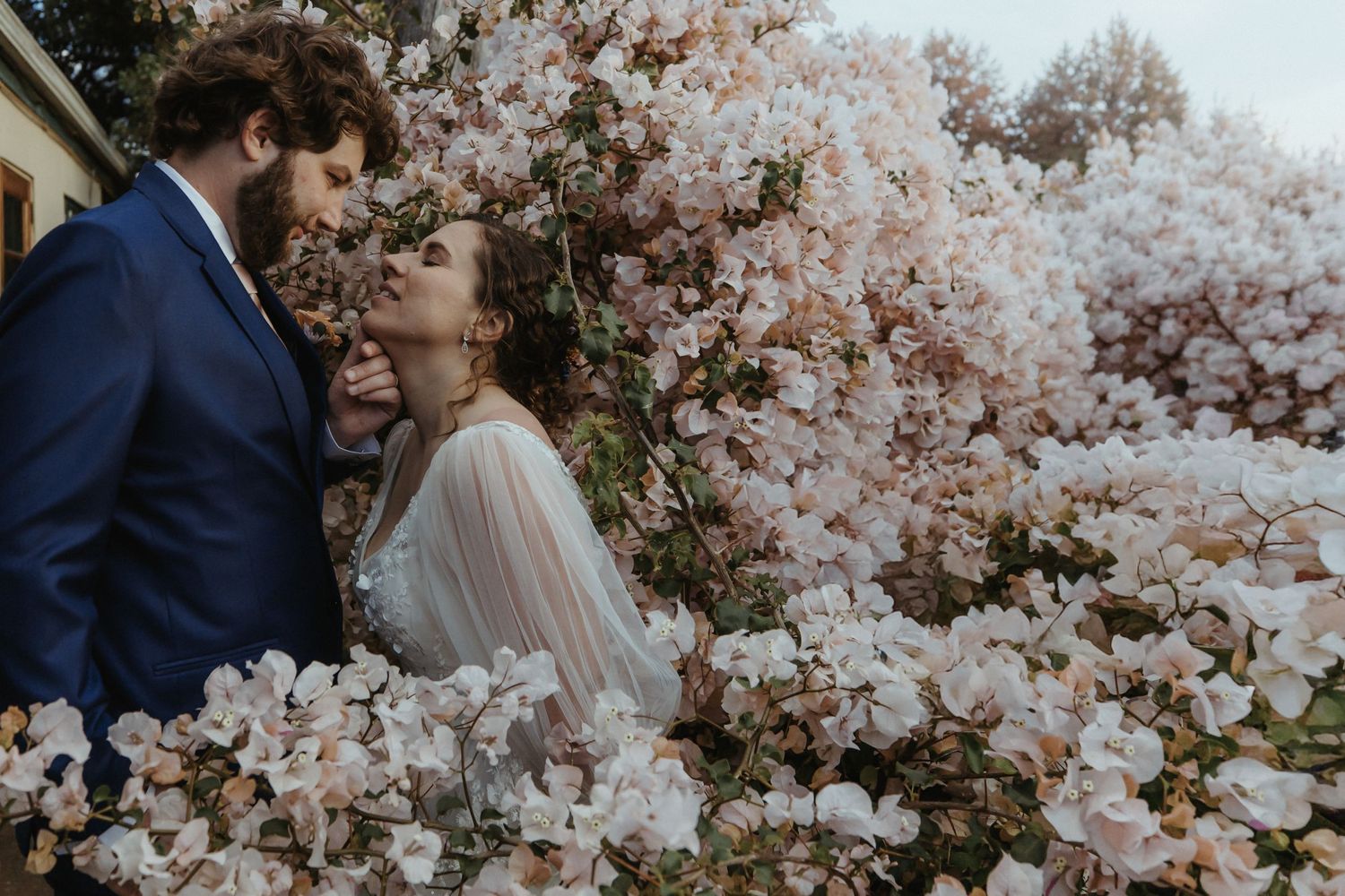 Romantic couple embraces under blooming cherry blossom trees during spring engagement photoshoot.