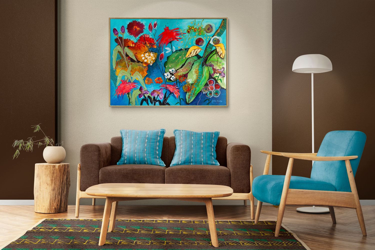 Modern living room interior with vibrant turquoise and brown decor featuring a colorful abstract canvas art piece.