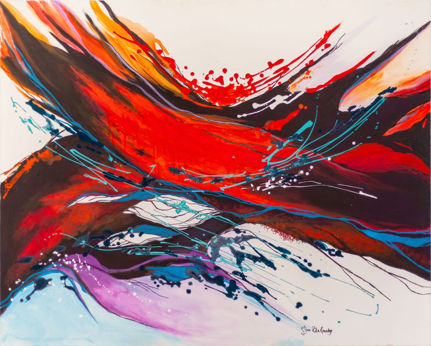 Dynamic abstract painting with bold red, blue and purple brushstrokes swirling across white canvas in energetic composition.