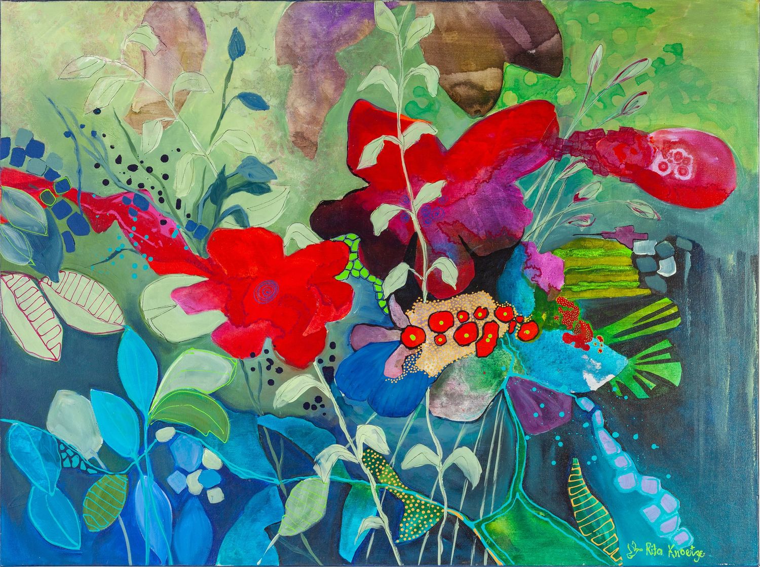 Abstract floral painting with vibrant red flowers and blue leaves against a green background in watercolor style.