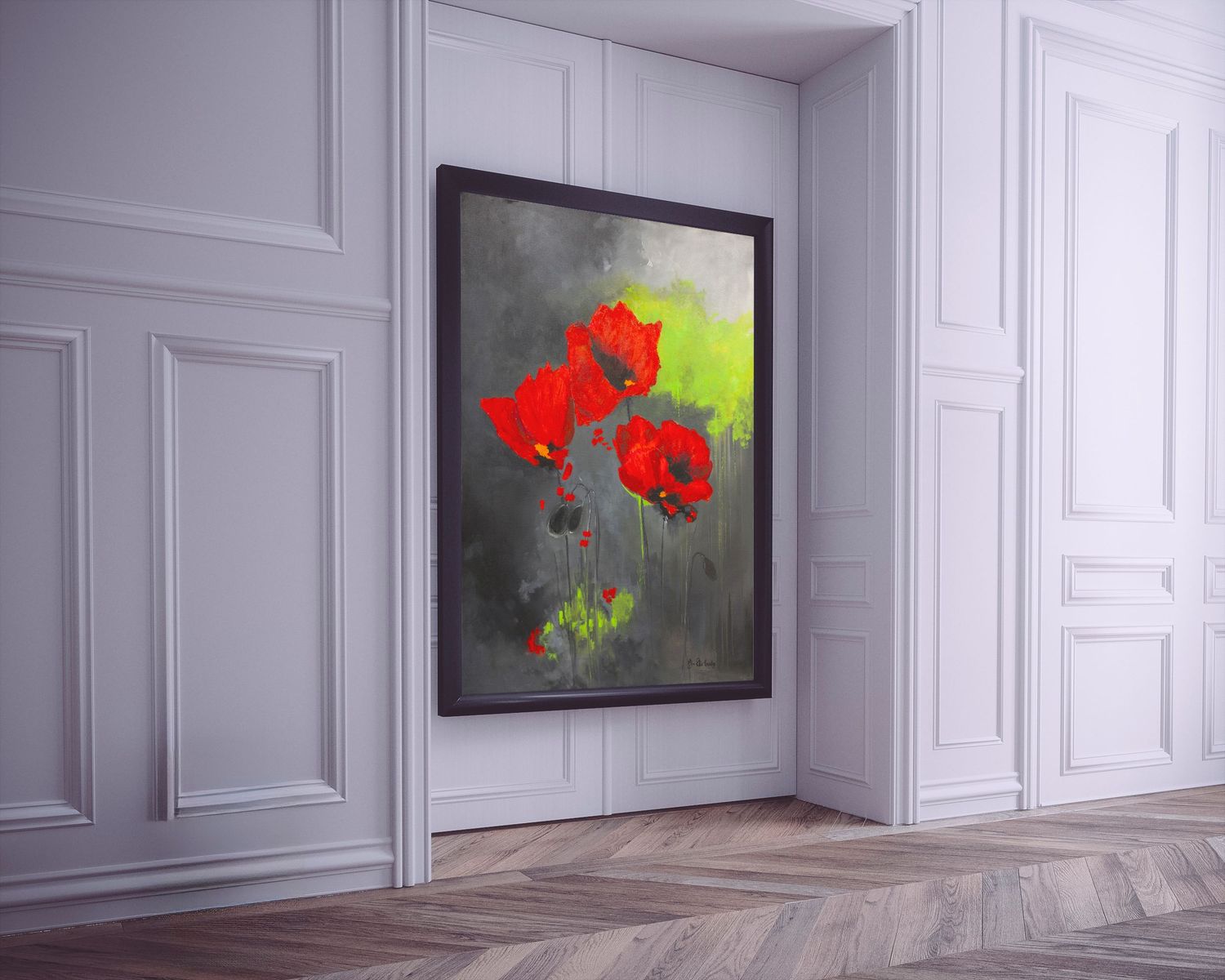 A modern art painting of vibrant red poppies against a dark gray background hangs on a white paneled wall.