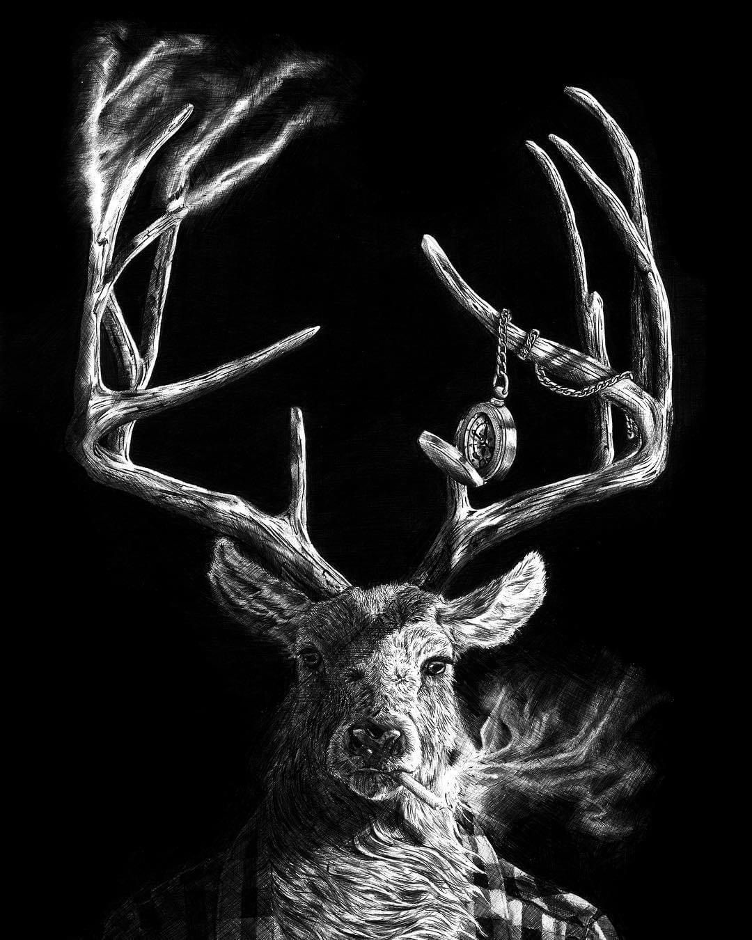 Dramatic black and white illustration of a majestic deer with detailed antlers against dark background.