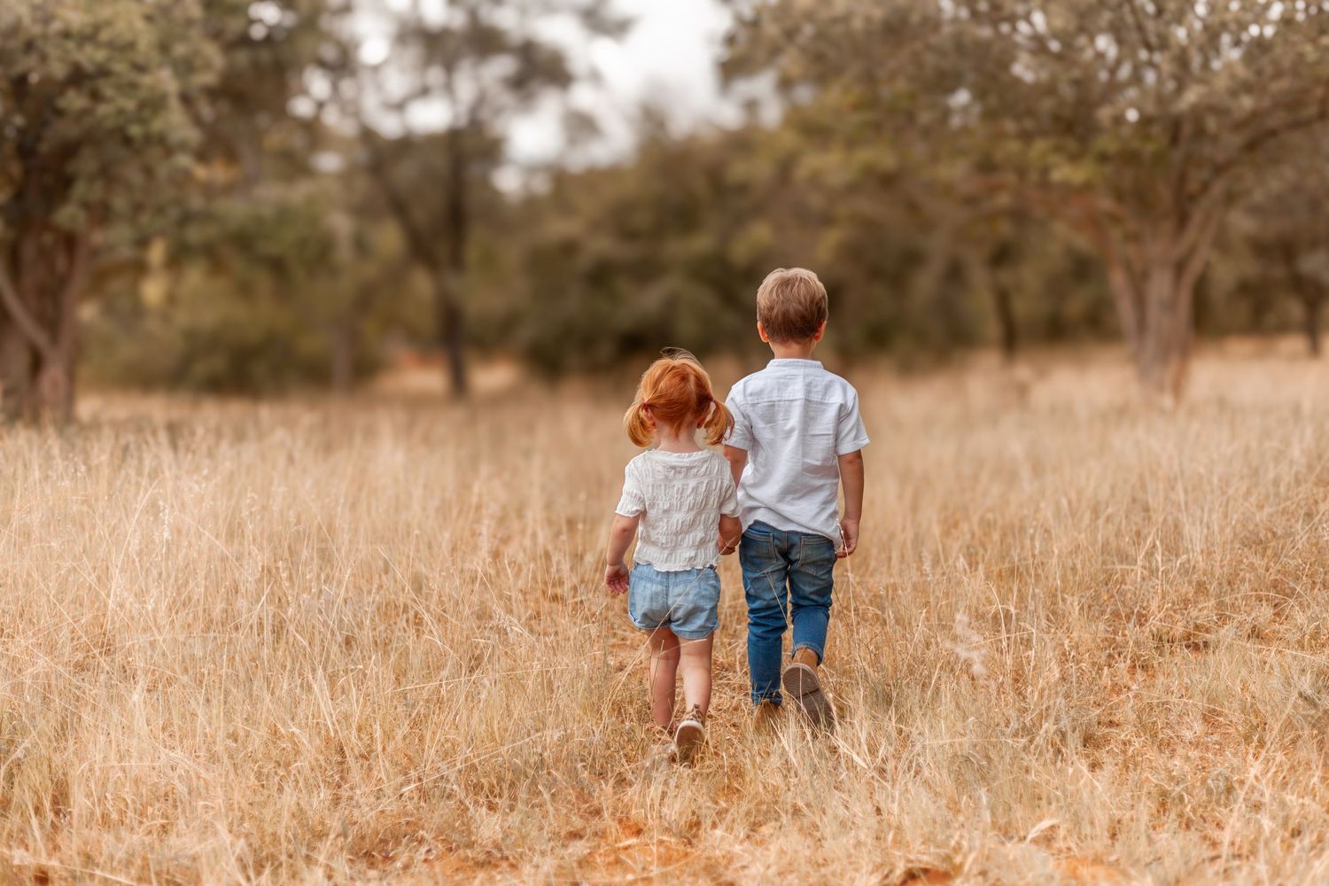 Two people walk hand in hand through a golden field of tall grass during sunset.