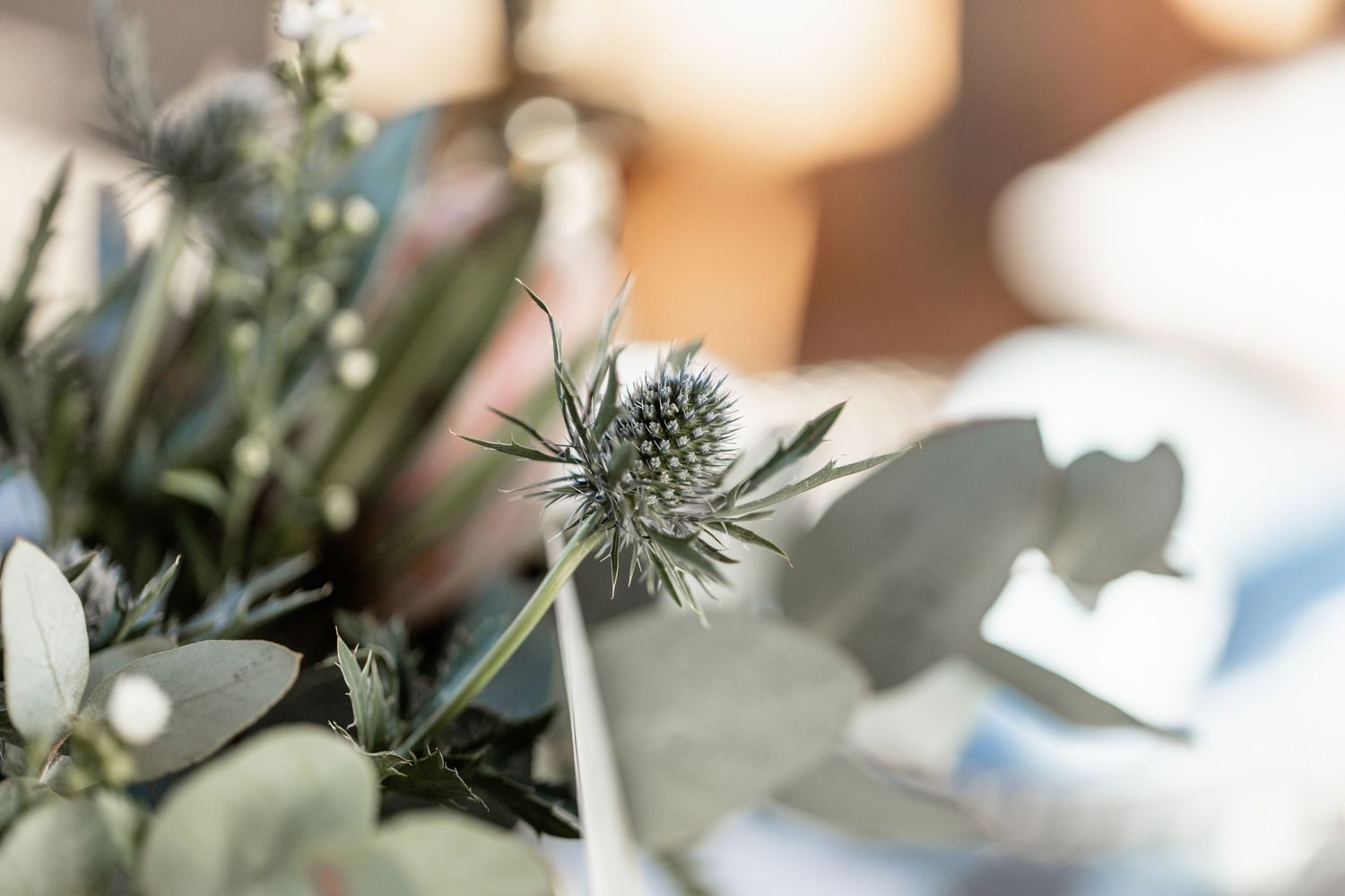 A blue thistle flower in soft focus with greenery and blurred bokeh background creates an ethereal floral arrangement.