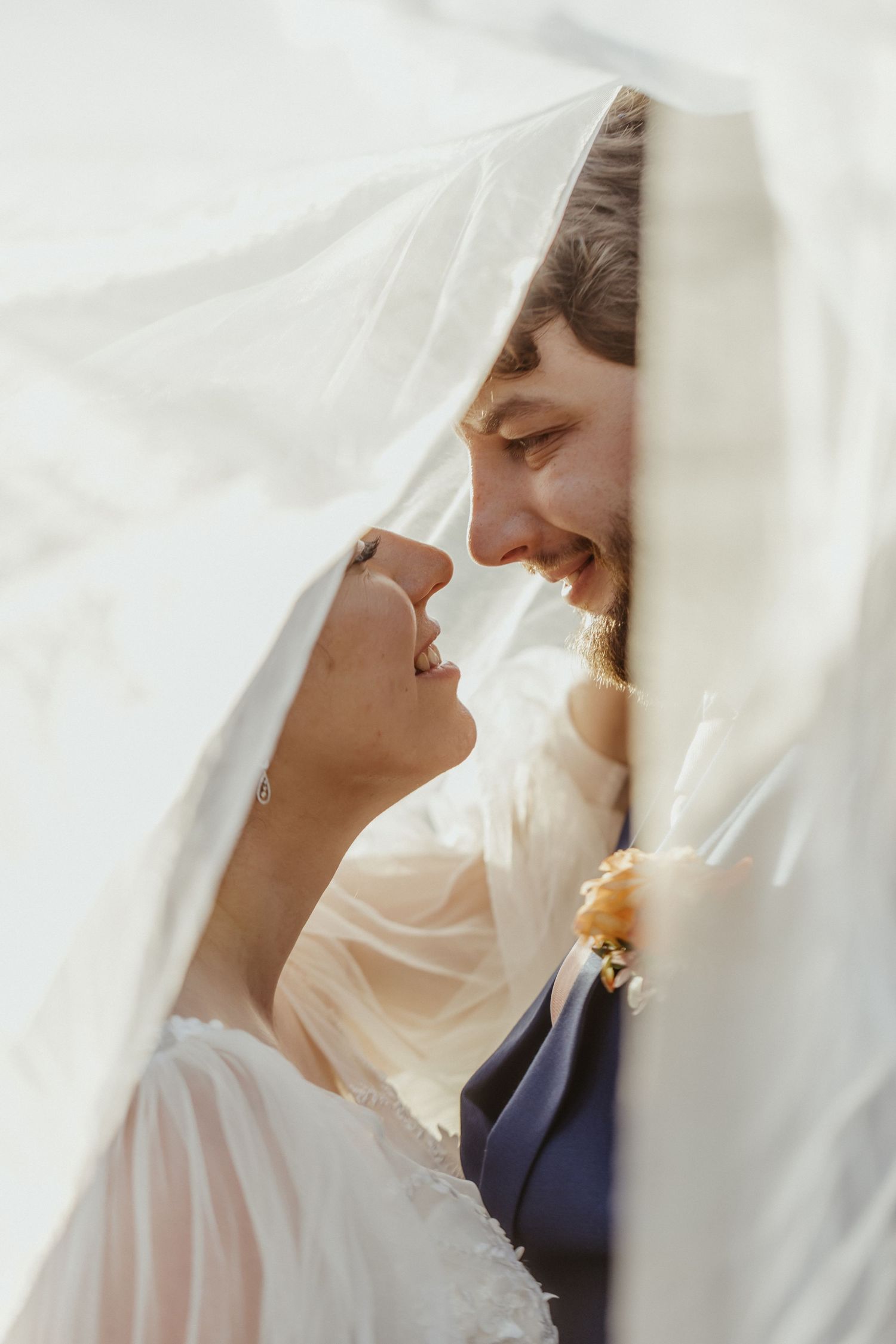 Tender wedding moment captured under a delicate white veil with soft natural lighting.