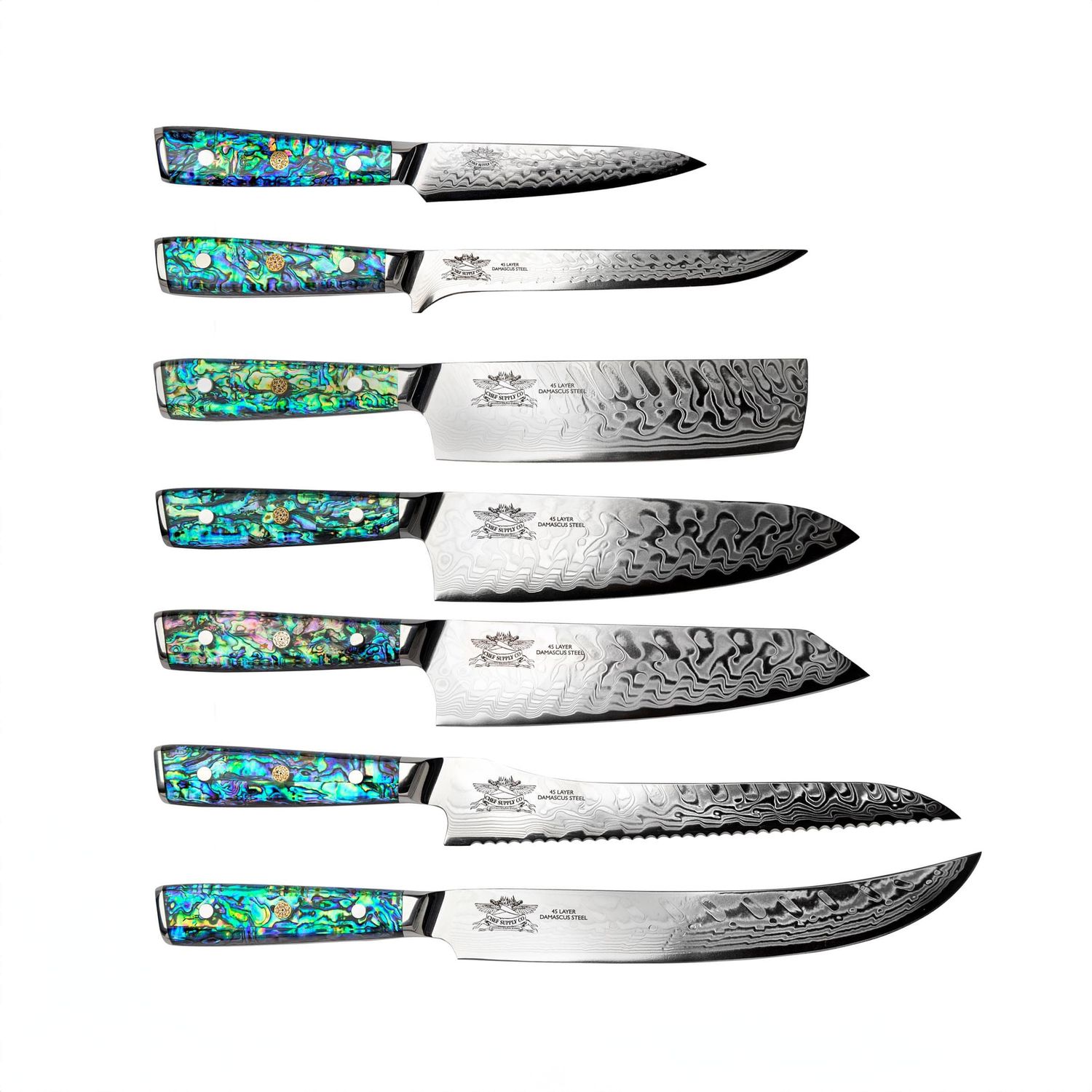 High-end Damascus steel kitchen knife set with vibrant turquoise and pearl resin handles displaying elegant pattern detail.