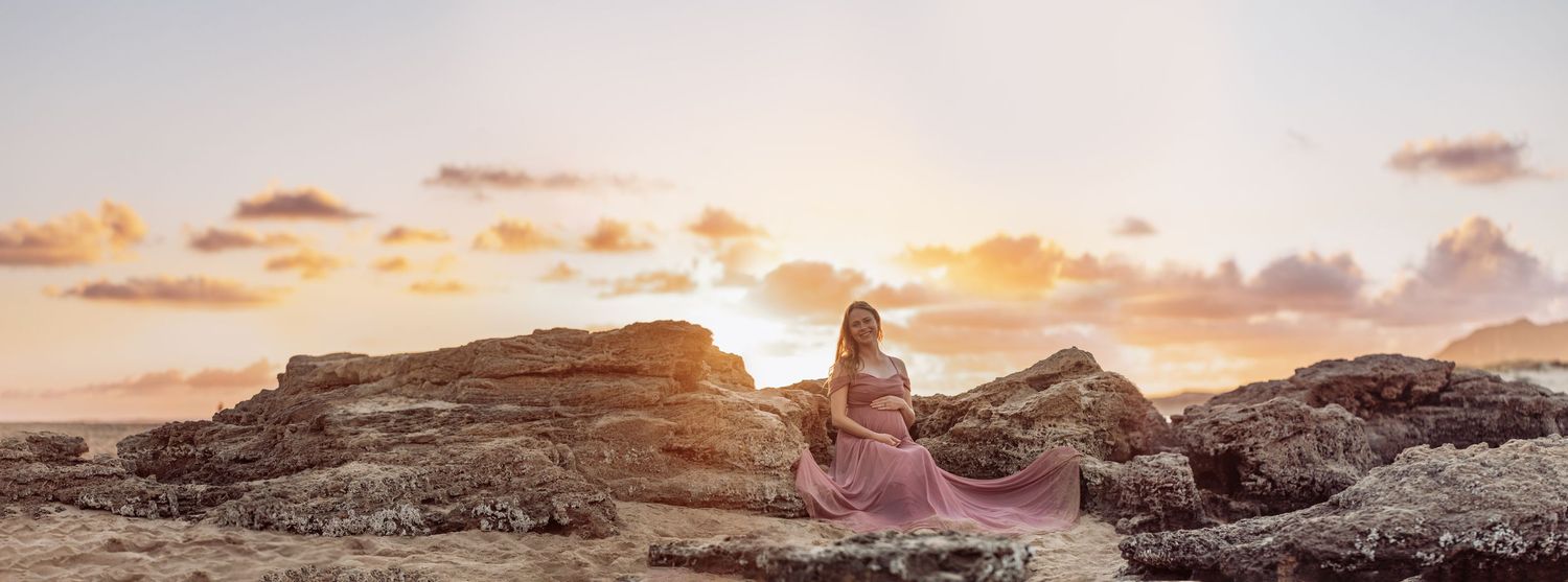A panoramic collage of four desert landscapes at sunset showing rocky terrain and silhouetted figures.