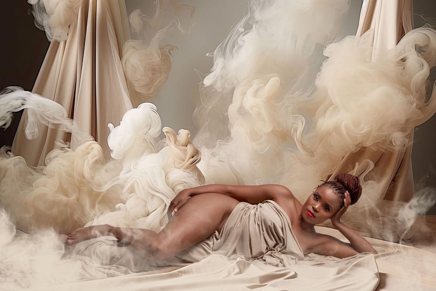 A figure in white fabric reclines among billowing clouds of smoke in an ethereal boudoir photoshoot setting.