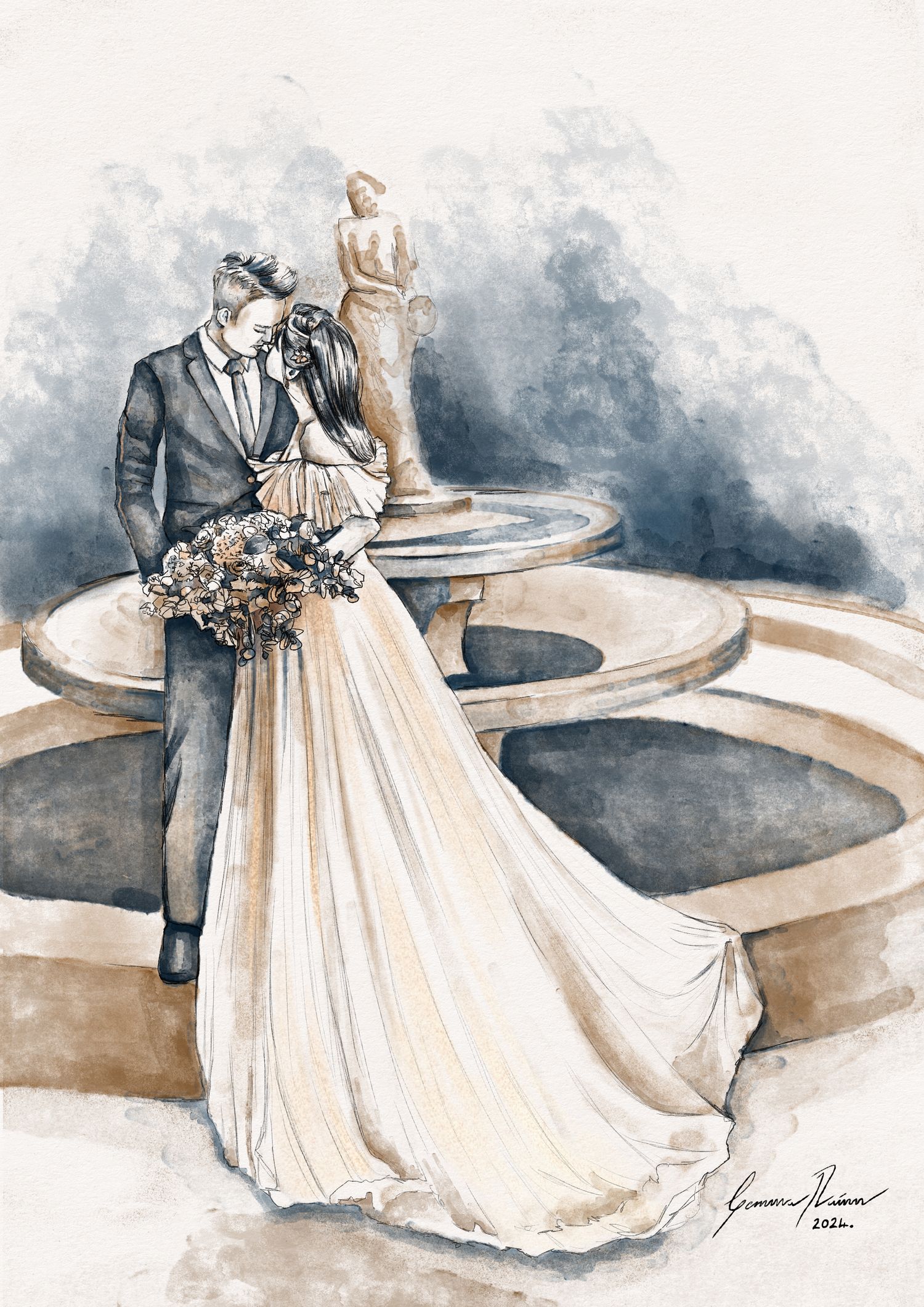 Watercolor wedding illustration series showing romantic couple poses in elegant dress and suit.