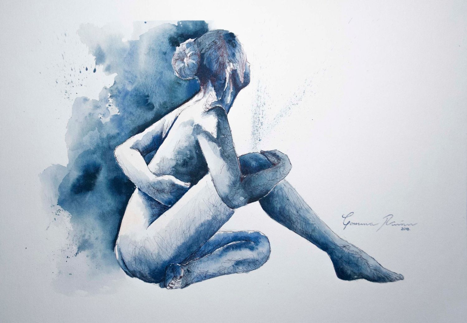 Minimalist blue watercolor figure drawings depicting reclining poses with flowing brushstrokes.