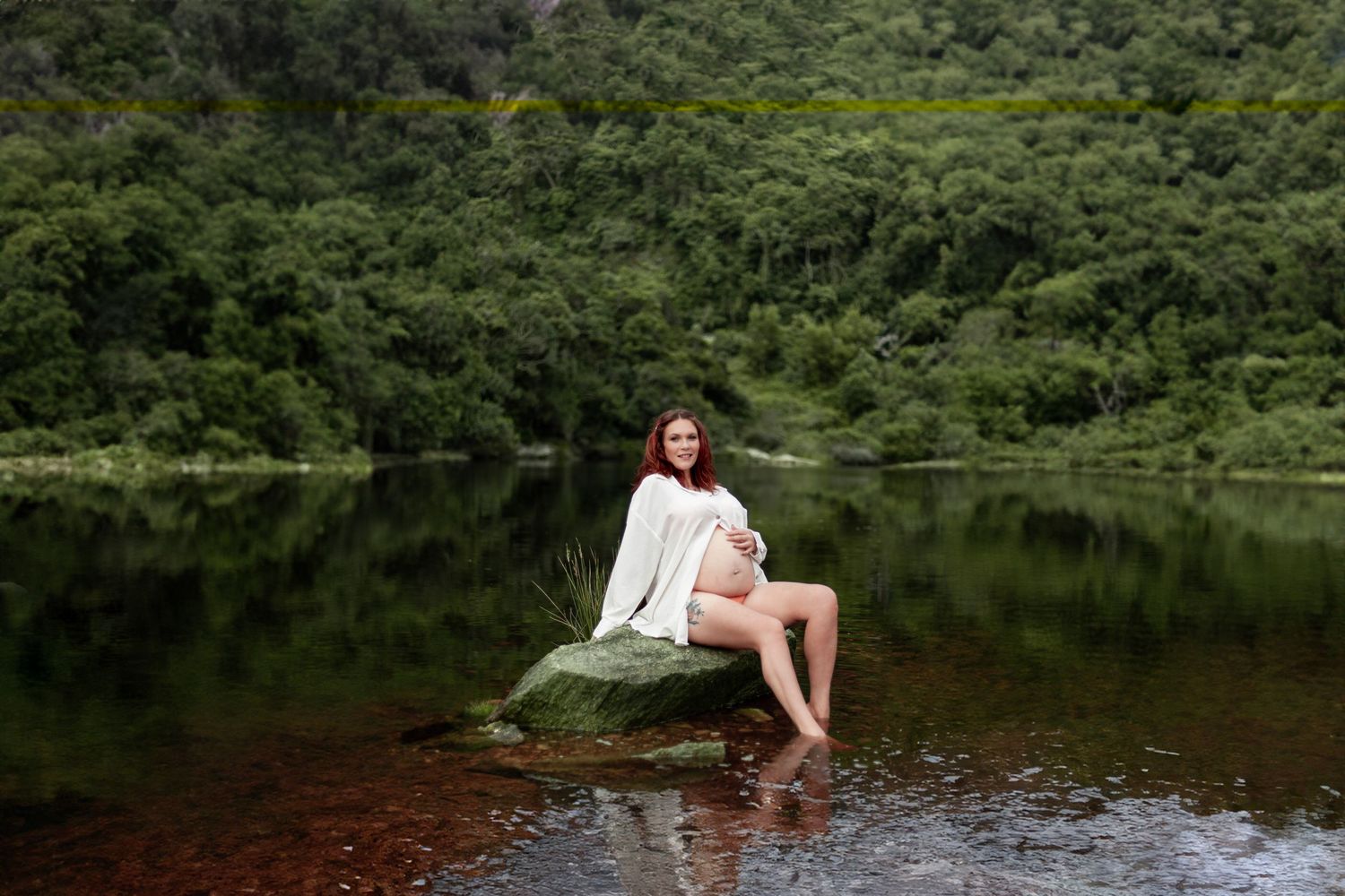 A serene lake surrounded by lush green forest reflects the tranquil wilderness landscape.