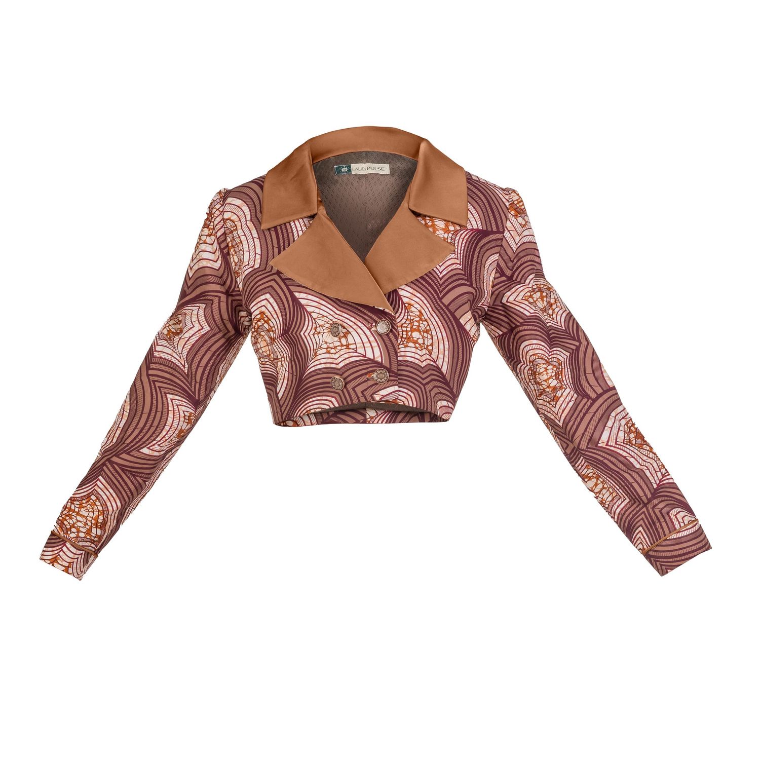 A cropped brown silk jacket with abstract paisley pattern and notched collar on white background.