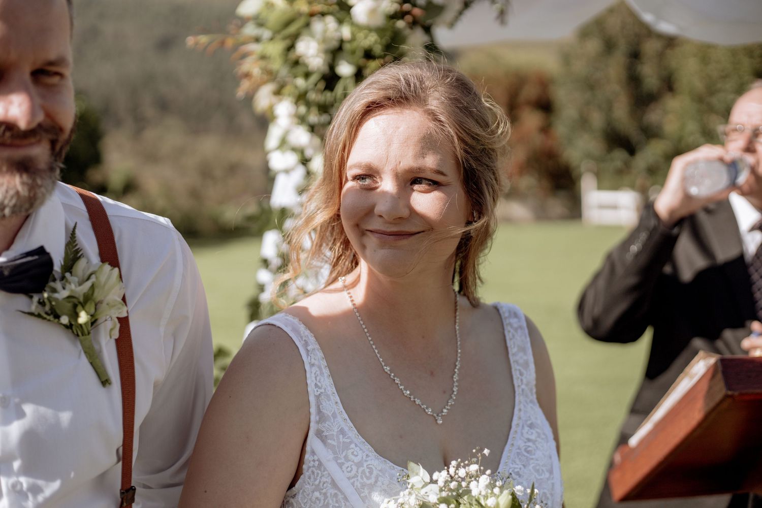 Montage of candid wedding photos showing outdoor ceremony moments and joyful interactions in natural sunlight.