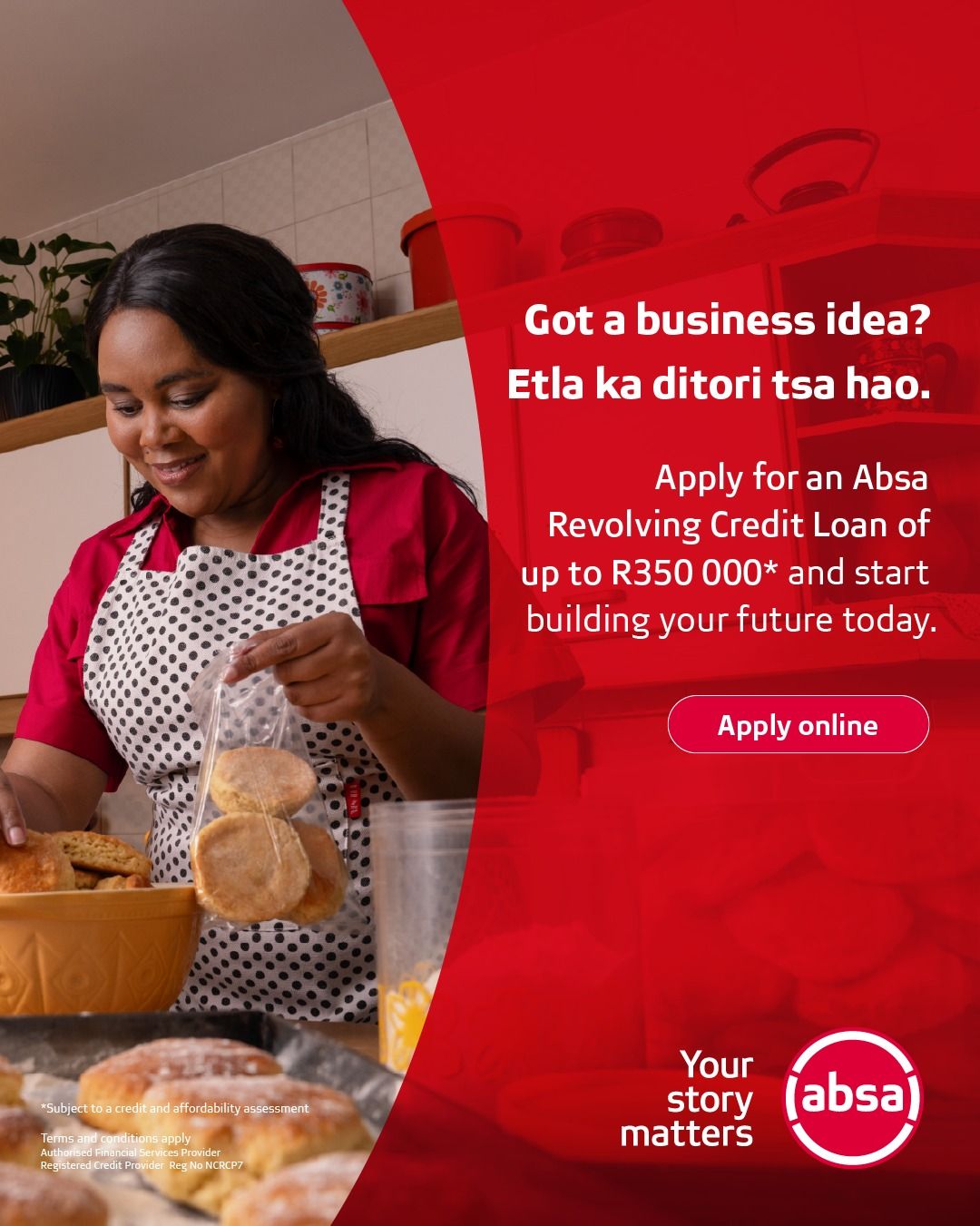 Business advertisement shows woman in kitchen preparing food with text about applying for Absa Revolving Credit Loan.