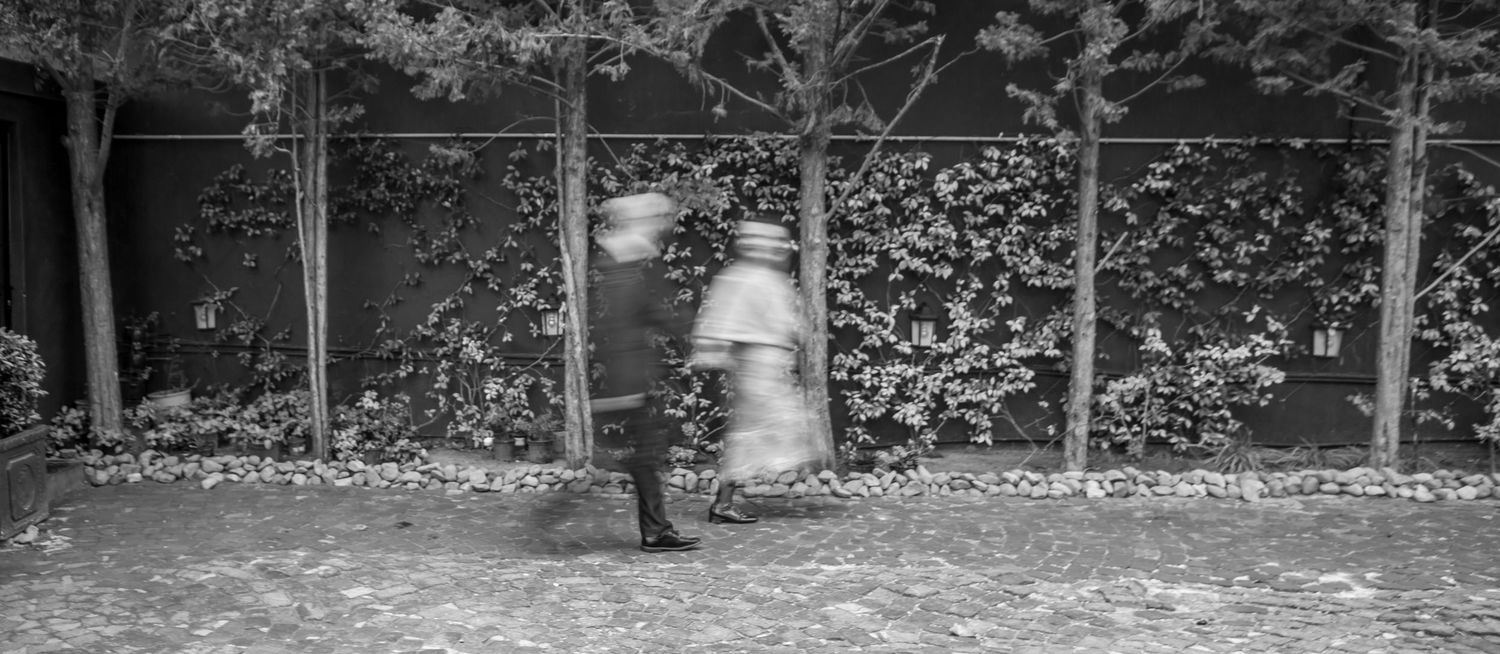 Blurred black and white vintage photo of a person in white dress walking among trees against ivy-covered wall.