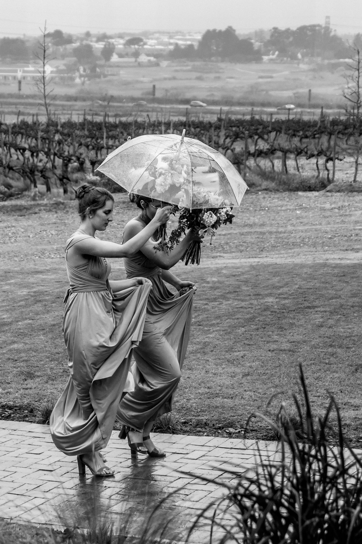 Dancers perform an elegant duet against a countryside vineyard backdrop in vintage black and white photography.