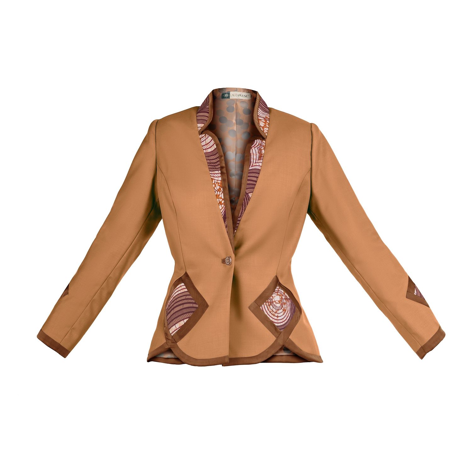 Elegant camel-colored blazer with single button closure and contrasting brown patterned lining details.