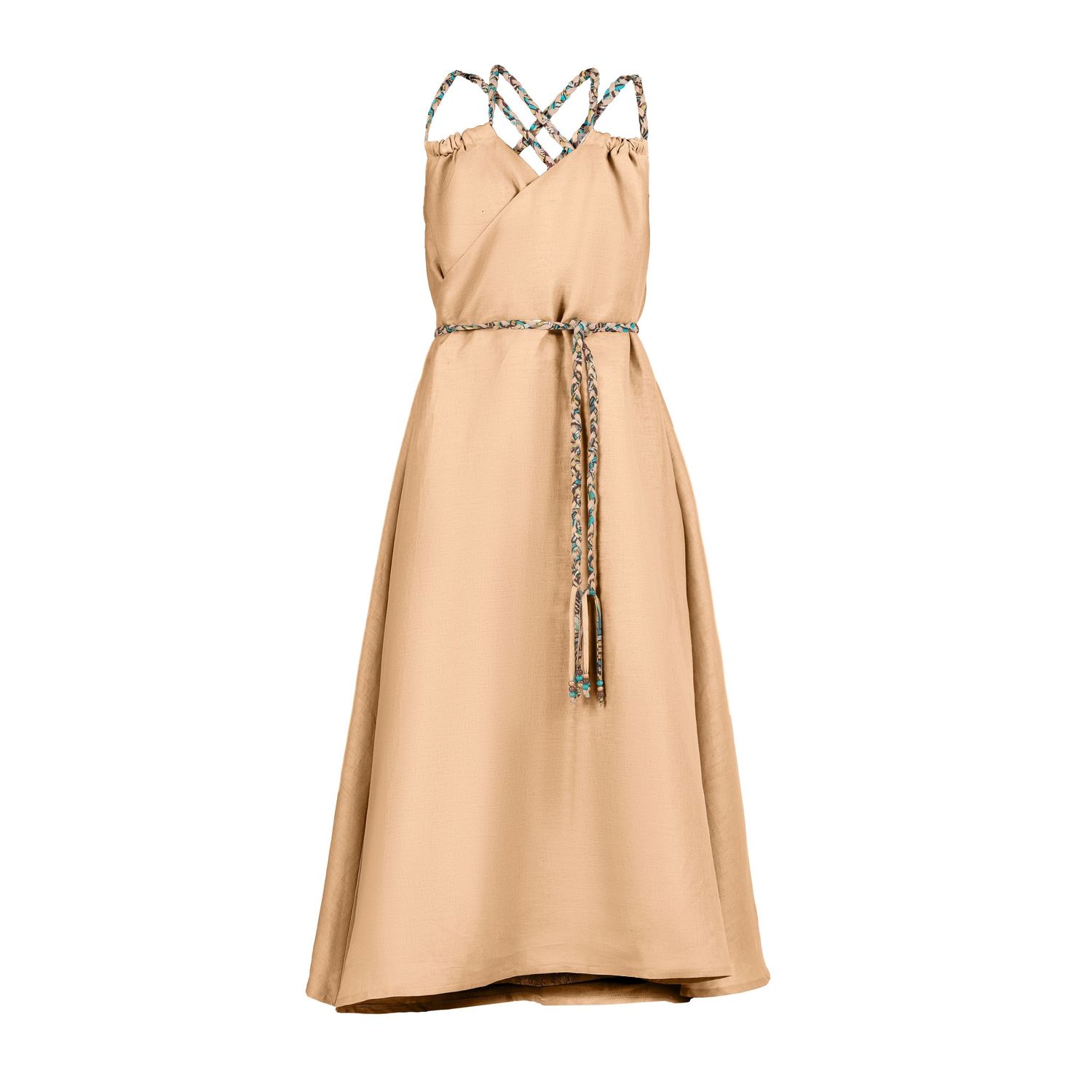 Champagne colored sleeveless midi dress with plunging neckline and metallic belt detail, shown in multiple angles.