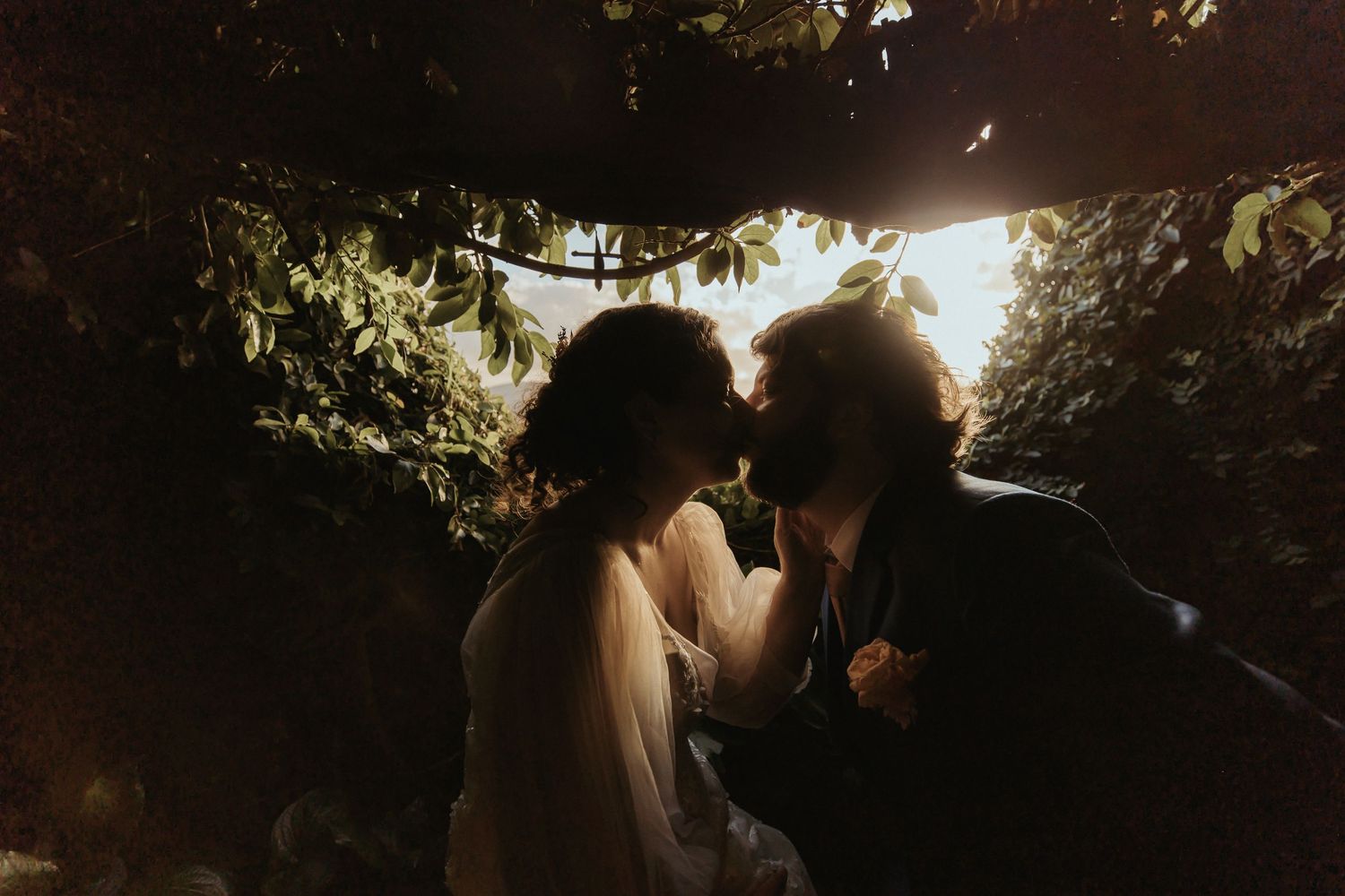 A couple embraces in a romantic outdoor setting with sunlight streaming through trees creating a dreamy atmosphere.