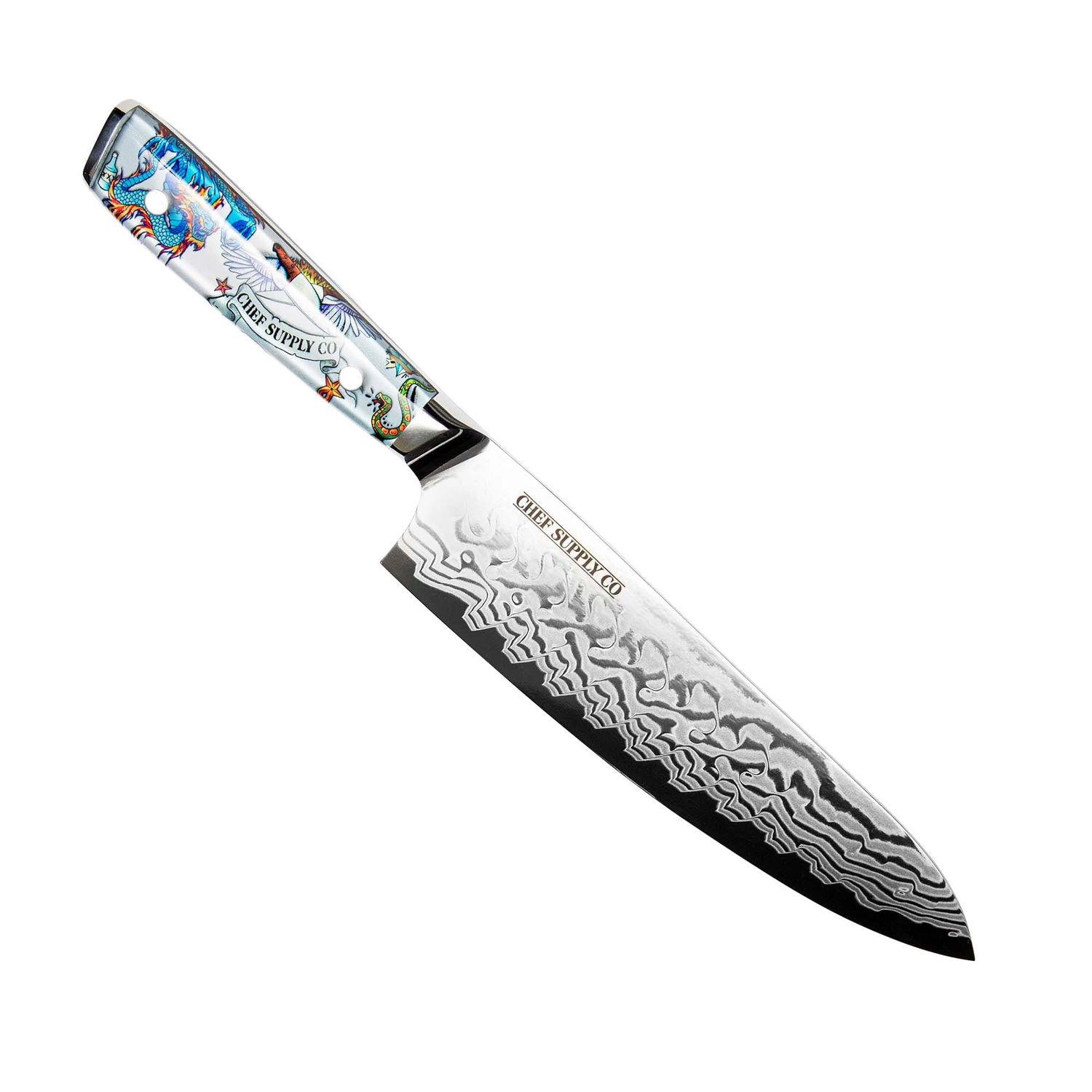 A professional chef knife with a Damascus steel blade pattern shows intricate wave designs on its surface.