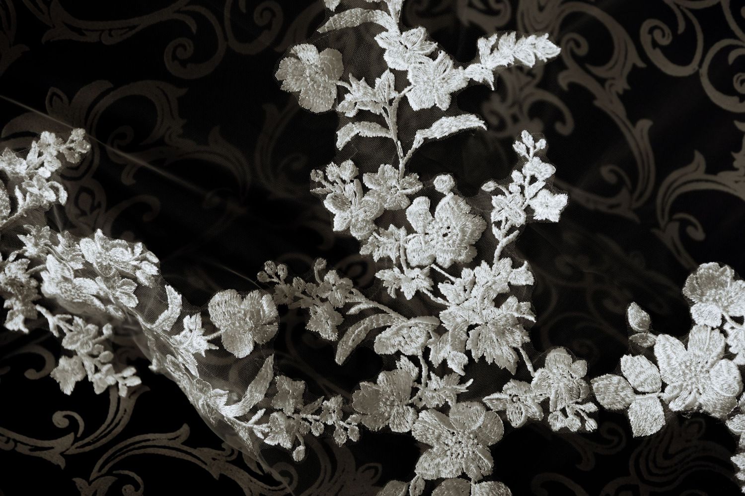 Elegant black and white floral pattern with delicate branches and blossoms on a dark background.