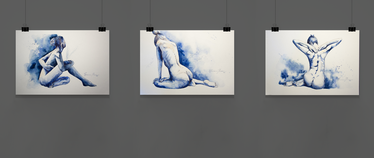 Collection of three blue figure study sketches displayed on a gray wall.