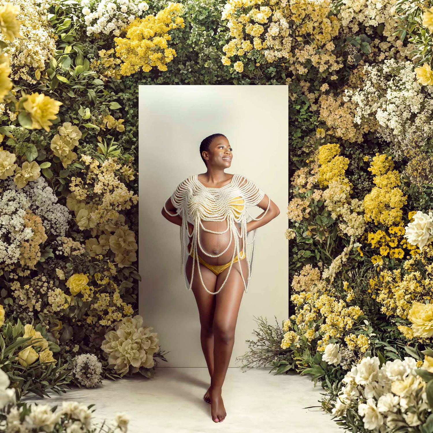 Artistic photo sequence with yellow chrysanthemum flowers framing a performance in white.