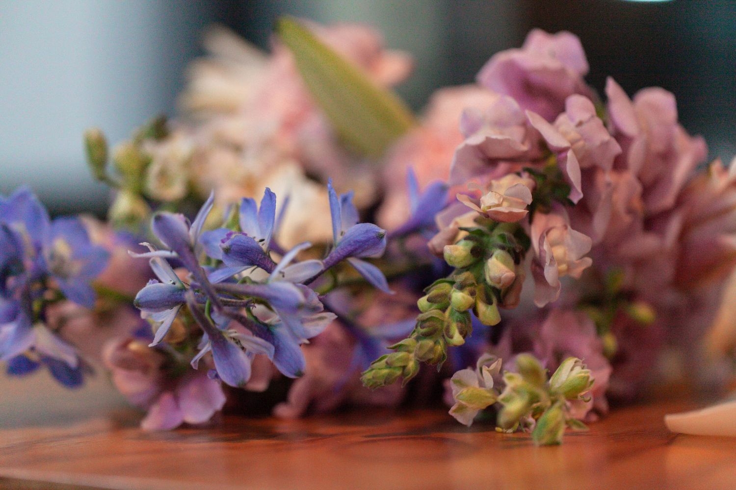 Delicate purple and pink flowers arranged in a soft focus macro photography composition creating a dreamy effect.