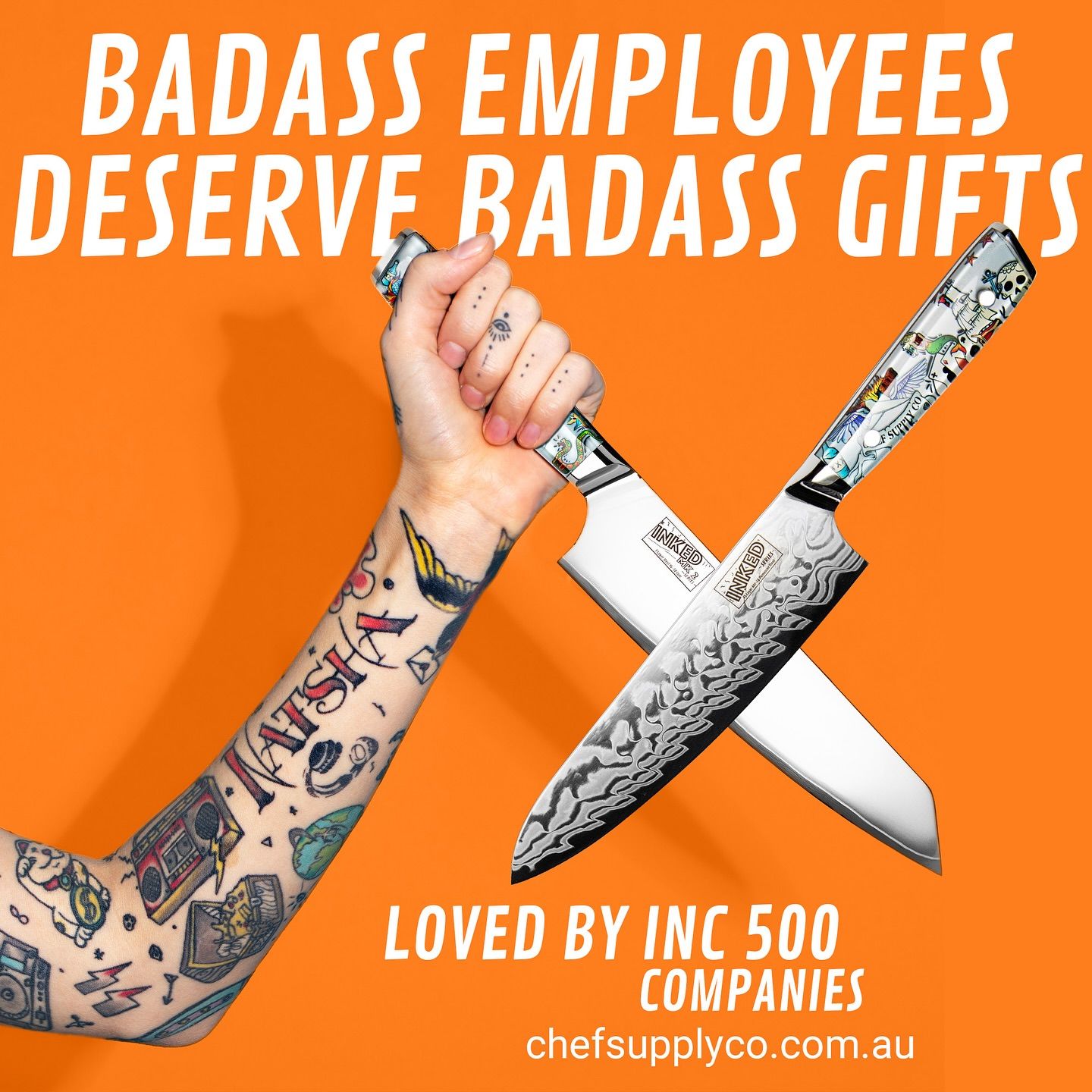 Close-up of tattooed hands holding chef knives with orange background and text about badass employees and gifts.