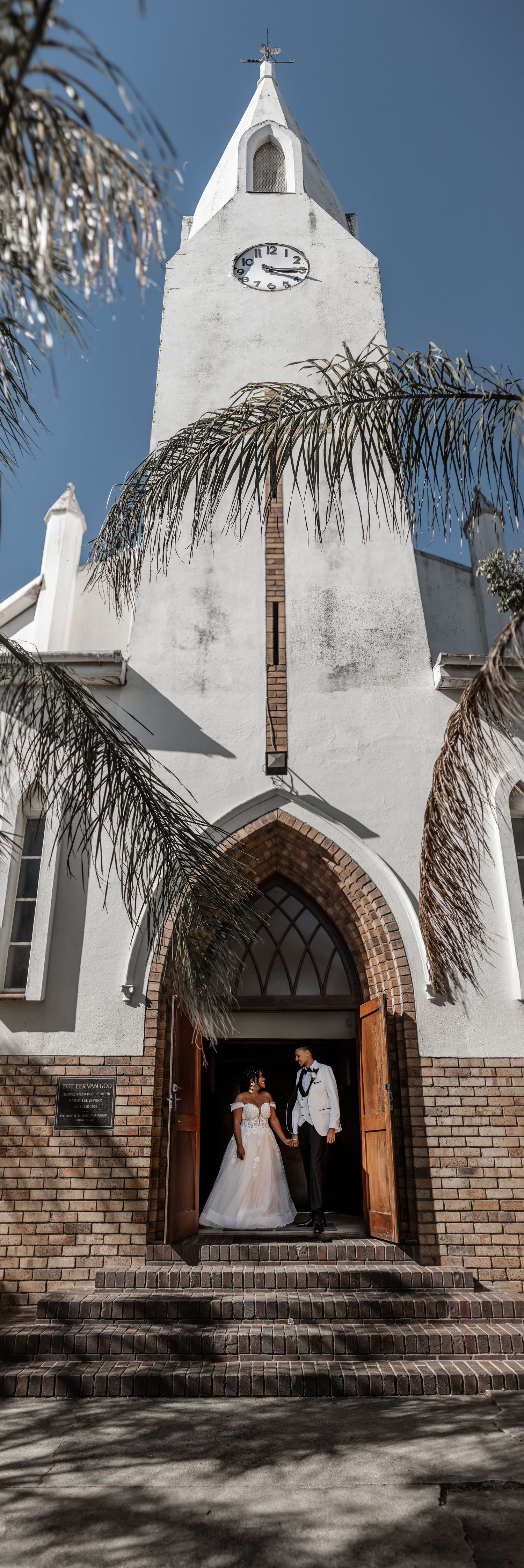 A sequence of three photos showing a white church exterior with brick accents and palm trees on a sunny day.