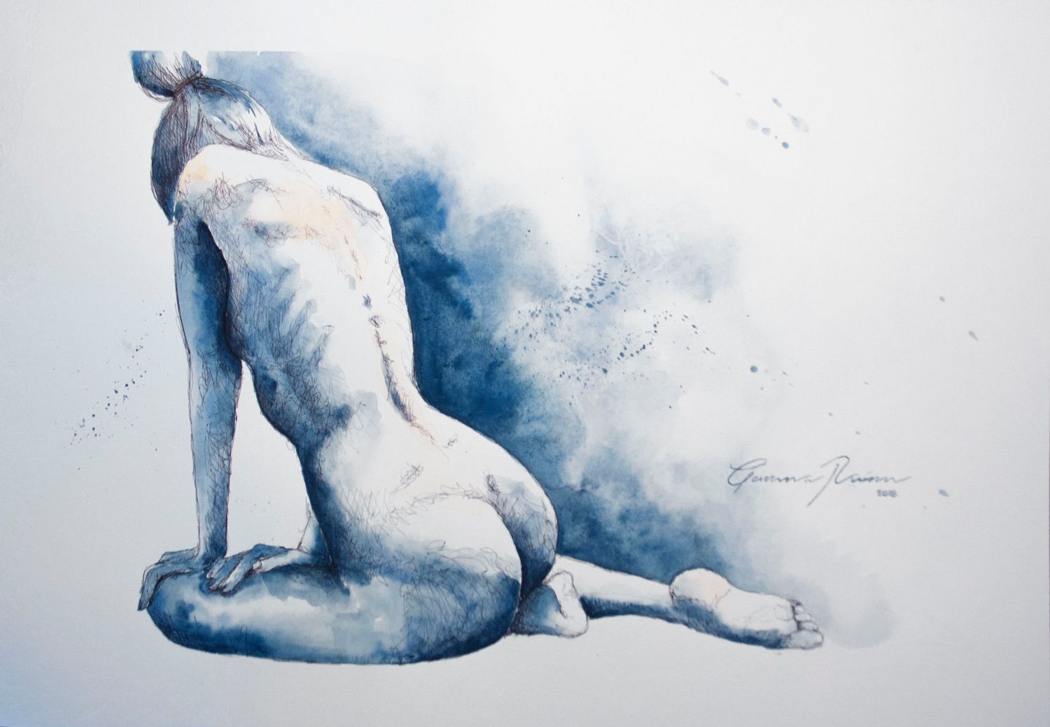Collection of ethereal blue watercolor figure paintings showing fluid movement.