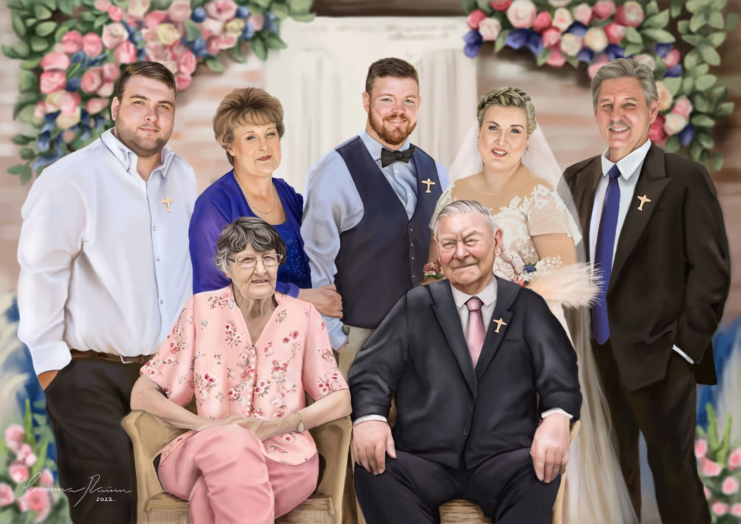 Formal family portrait session with pink floral backdrop and coordinated formal attire.