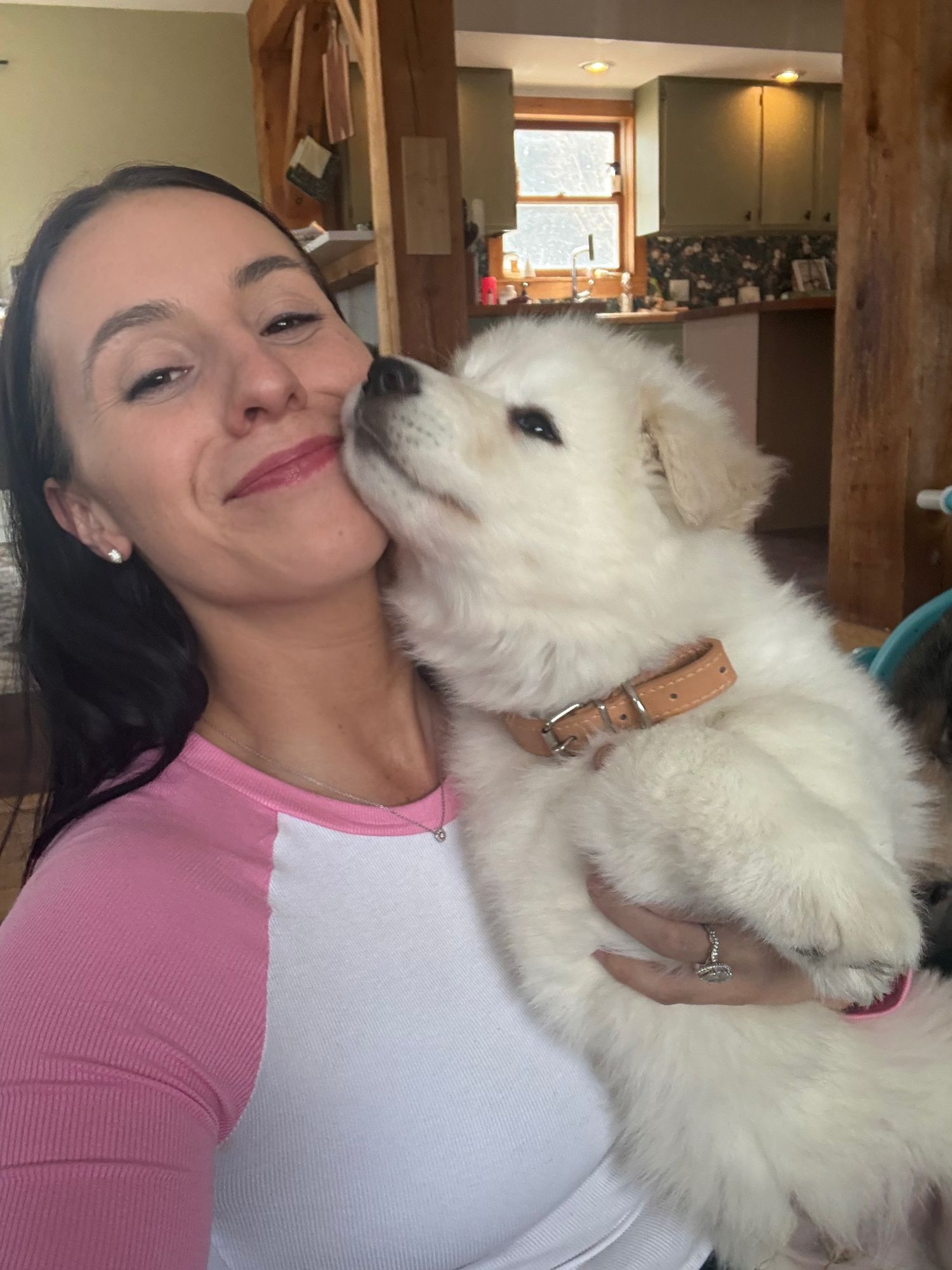 Woman smiling as a fluffy white puppy licks her cheek, indoors with a warm rustic background.