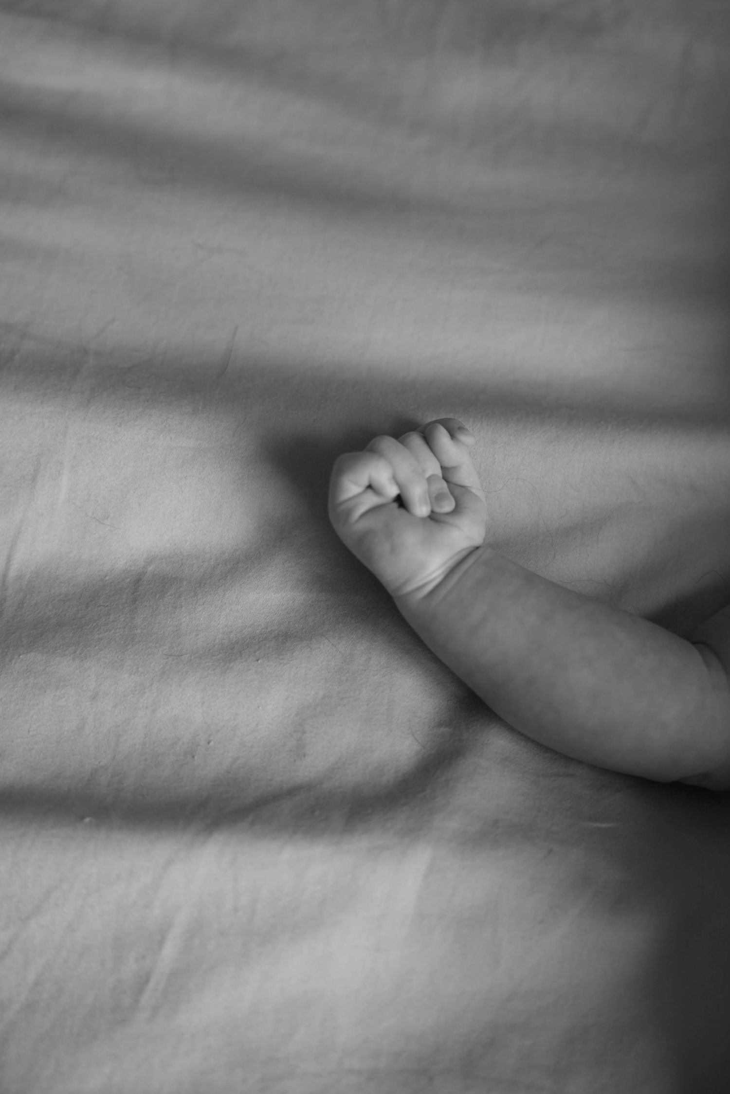 Black and white close-up photo of a newborn baby's tiny clenched fist resting on a soft white blanket.